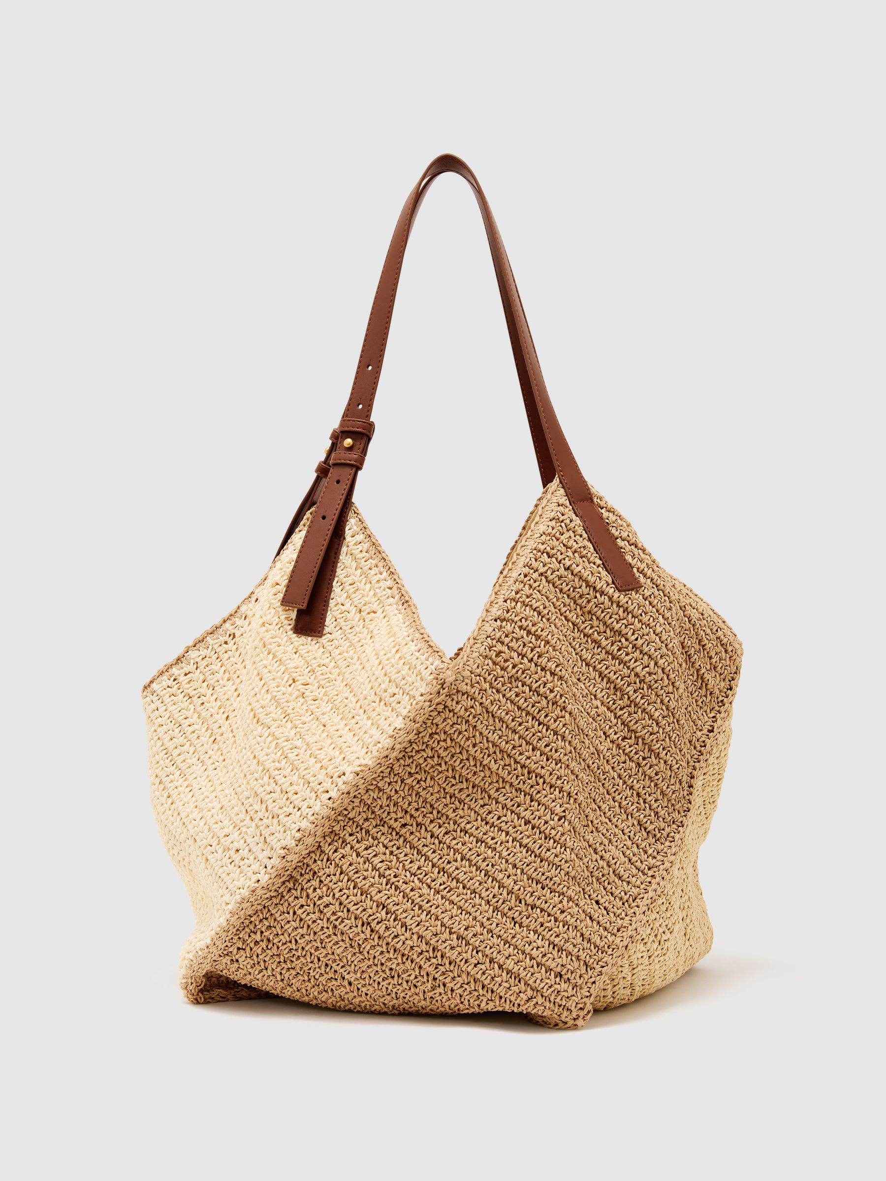 Raffia-Effect Colour-Block Tote Bag in Navy - image 1