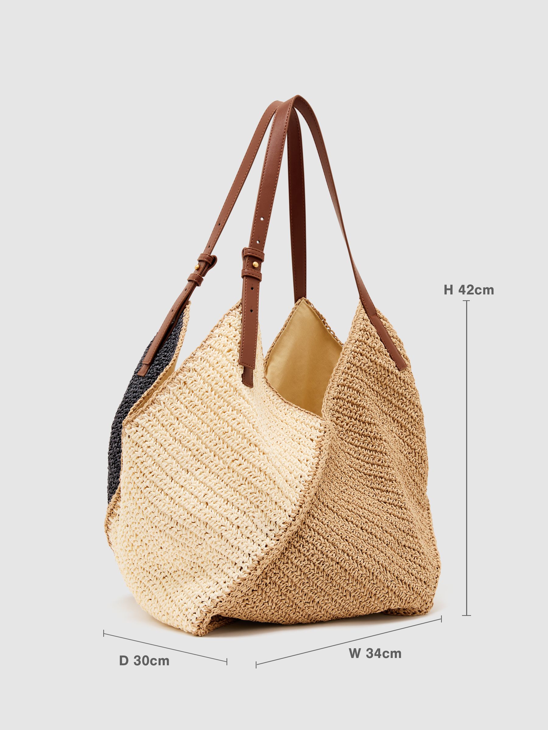 Raffia-Effect Contrast-Panel Tote Bag in Navy - Image 3 of 6