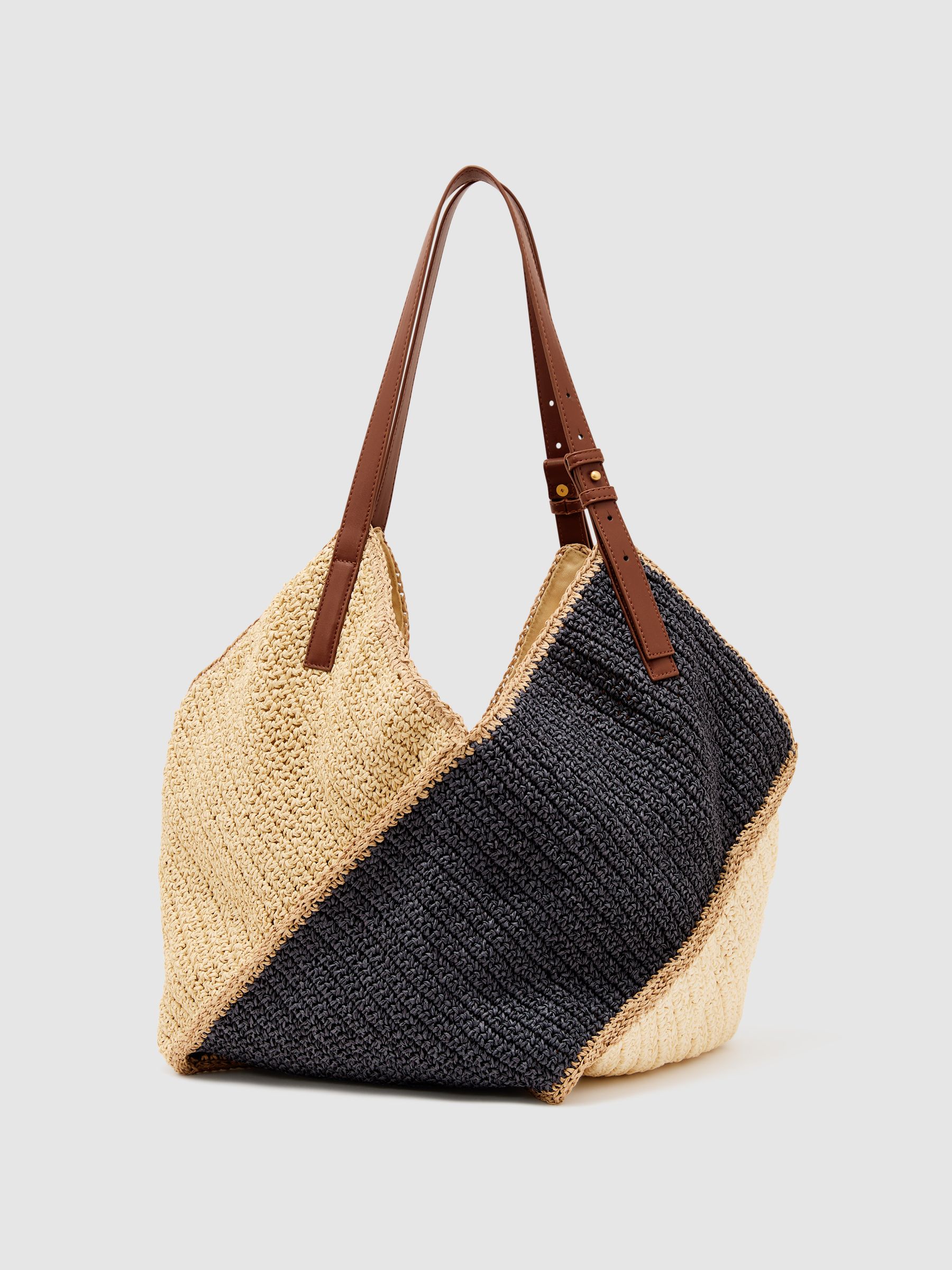 Raffia-Effect Contrast-Panel Tote Bag in Navy - Image 5 of 6