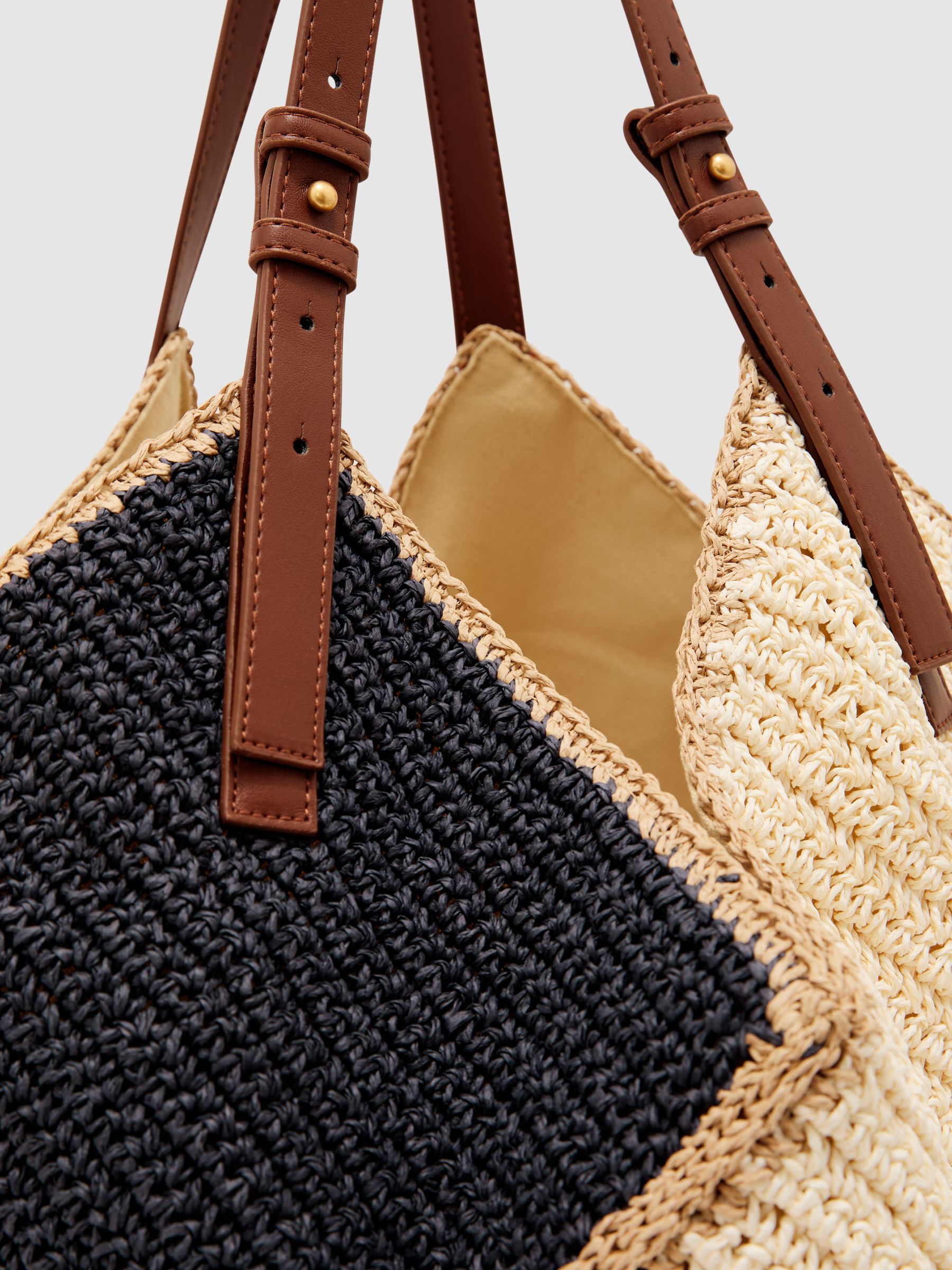 Raffia-Effect Colour-Block Tote Bag in Navy - image 2