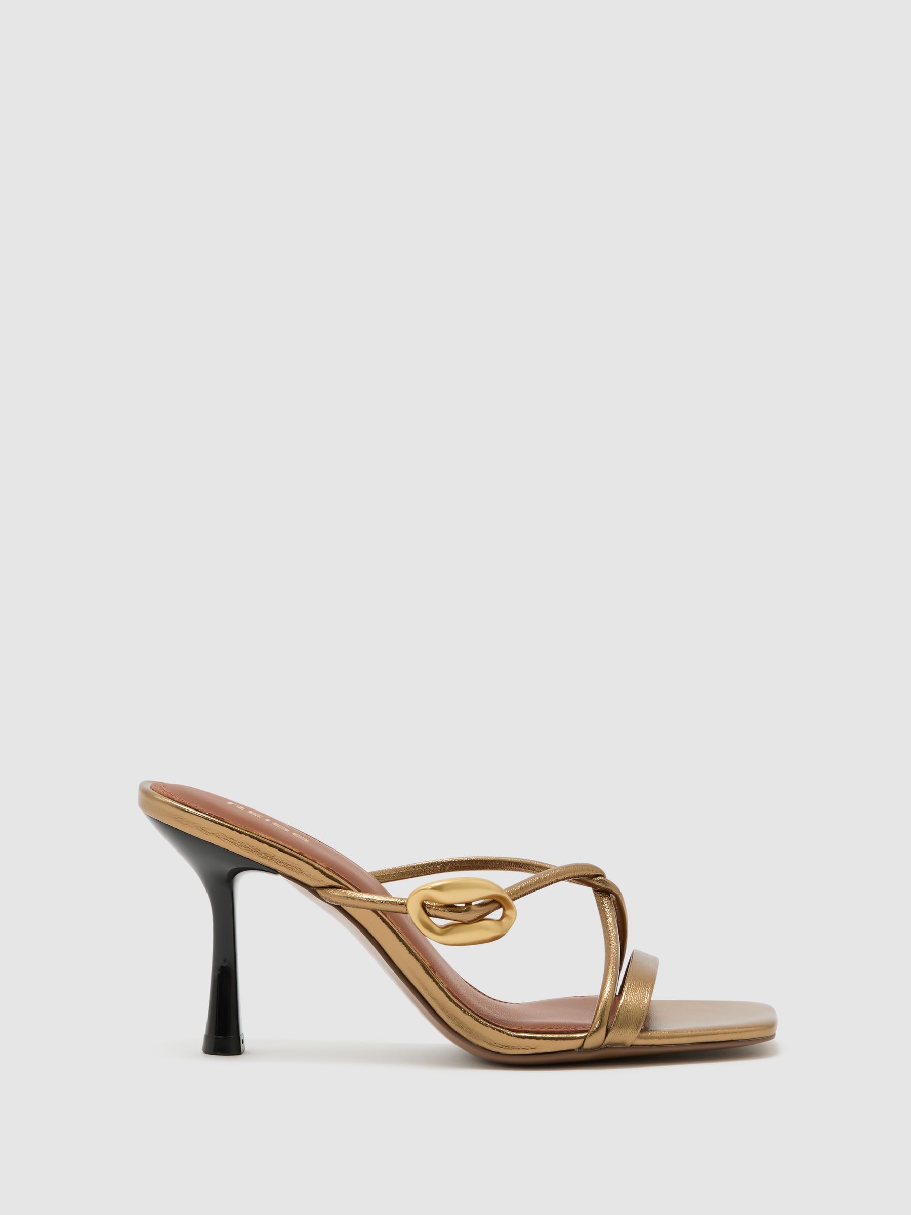 Leather Metallic Detail Heeled Sandals in Dark Gold - Image 1 of 4