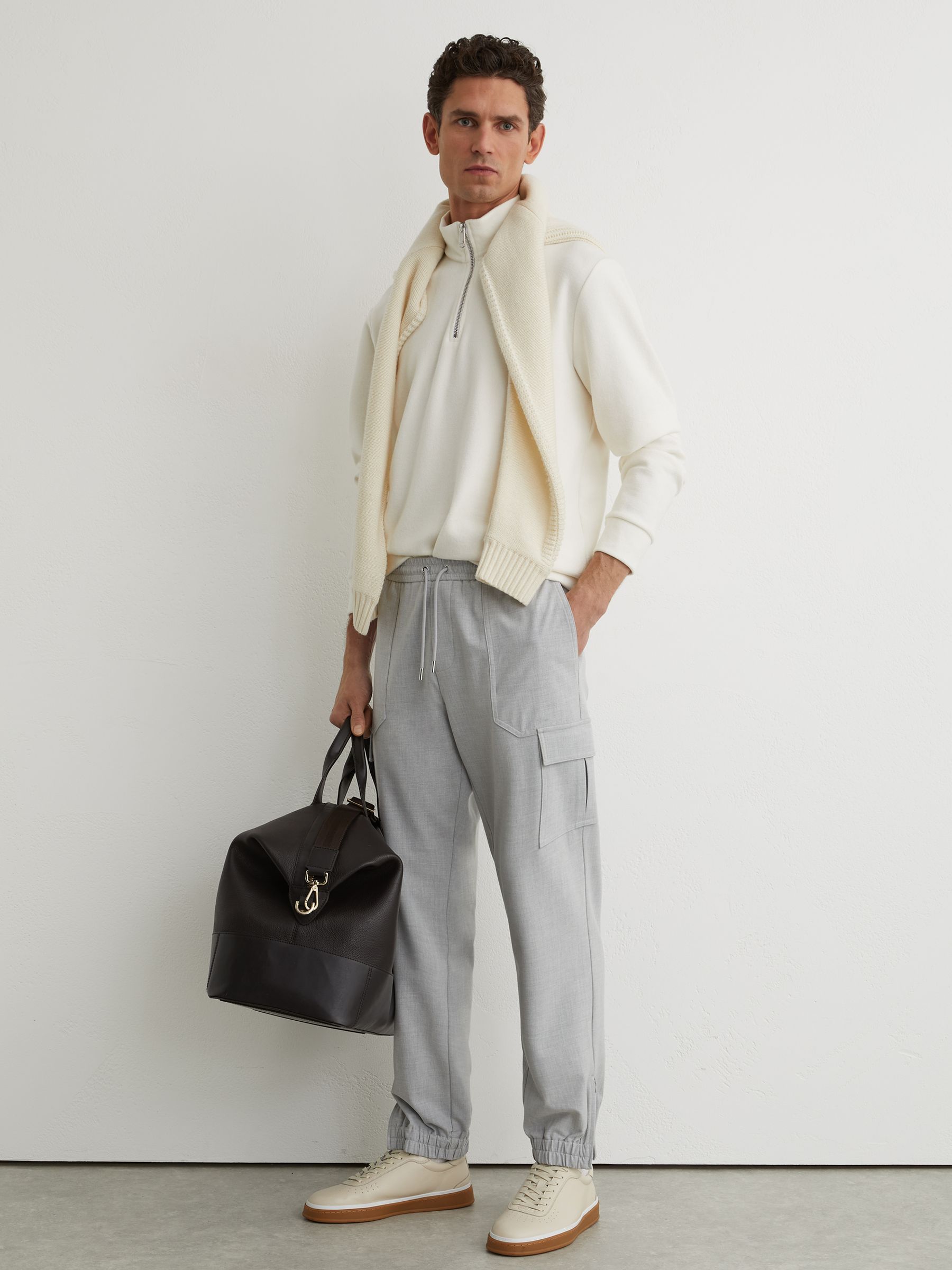 Slim-Leg Drawstring Cargo Trousers in Soft Grey - Image 1 of 7