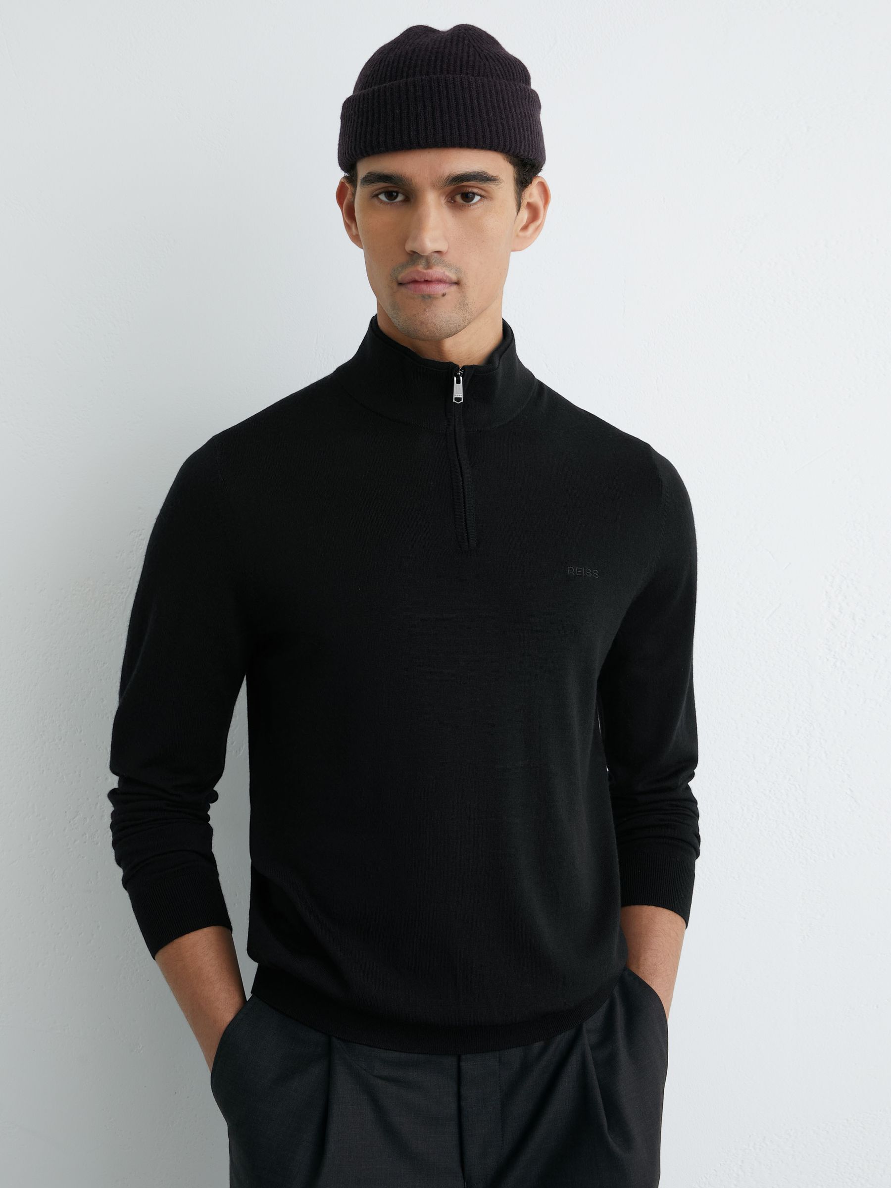Merino Wool Half-Zip Logo Jumper in Black - Image 1 of 6
