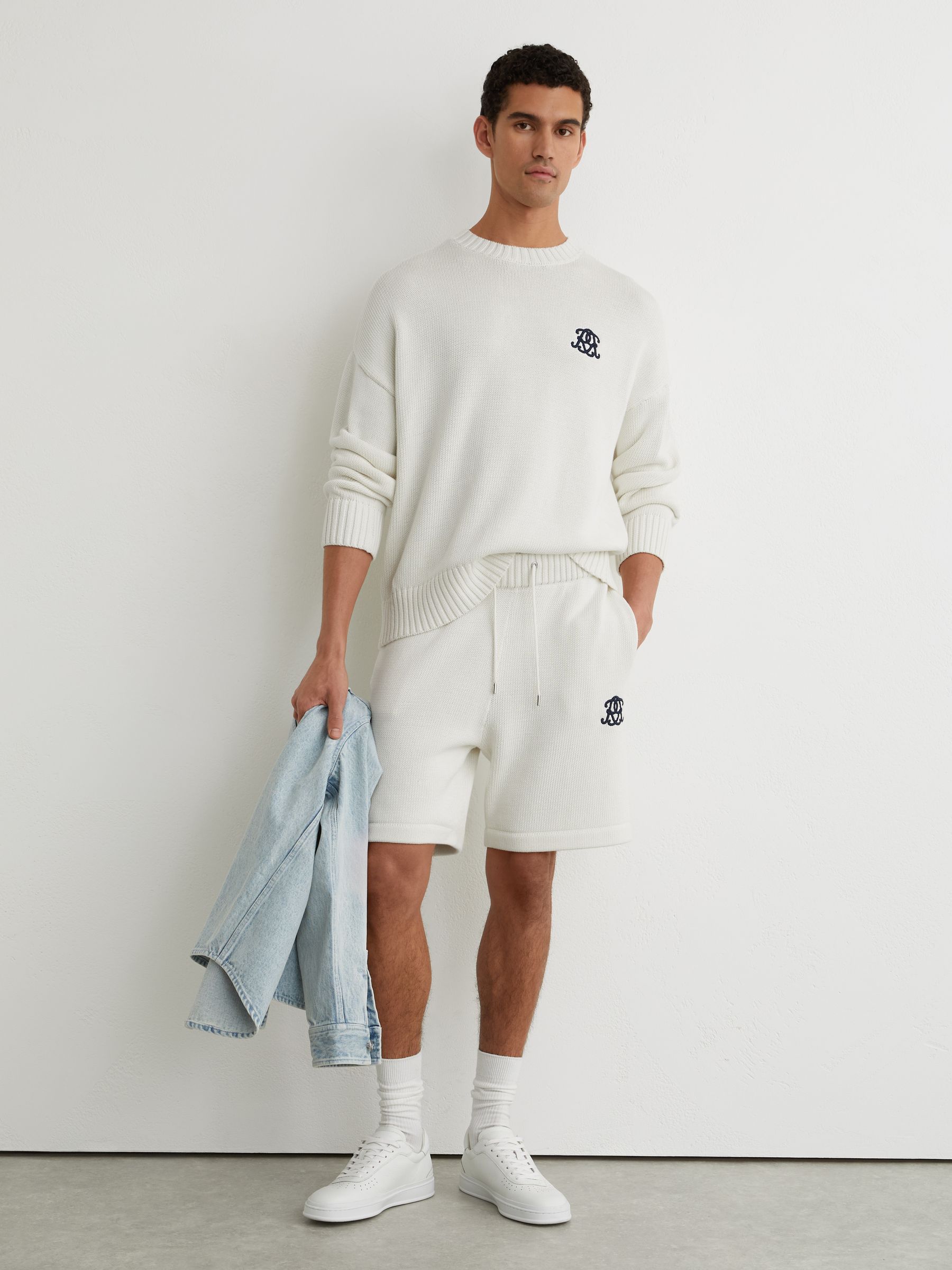 Monogram-Embroidered Relaxed Knit Shorts in Off White - Image 3 of 6