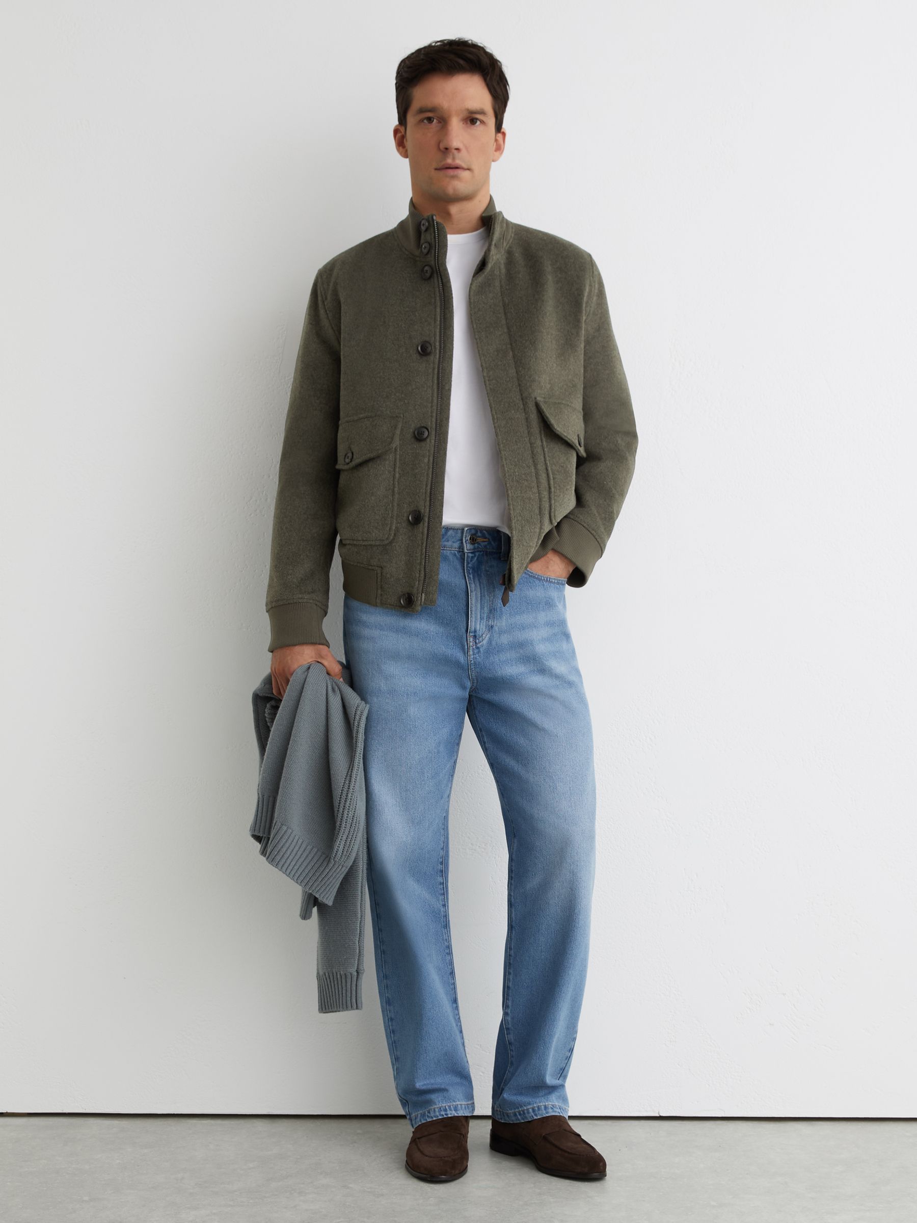 Wool-Blend Funnel-Neck Bomber Jacket in Green - image 4
