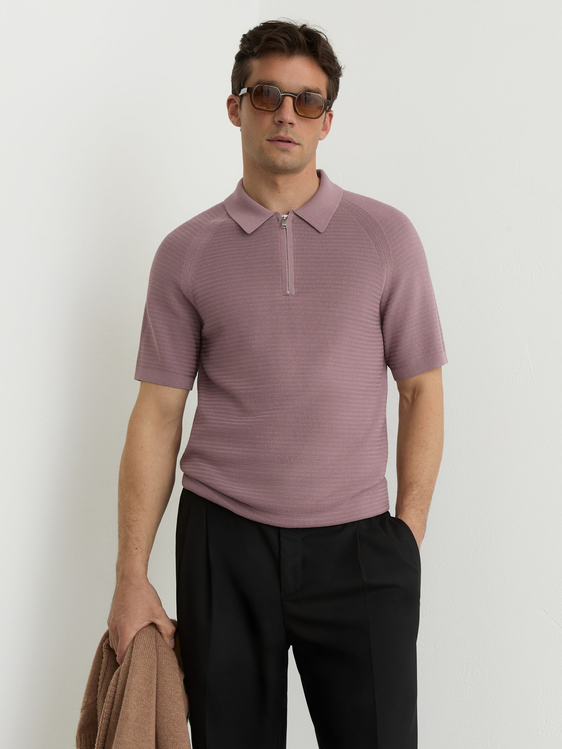 Textured-Knit Half-Zip Polo Shirt in Plum - Image 1 of 6