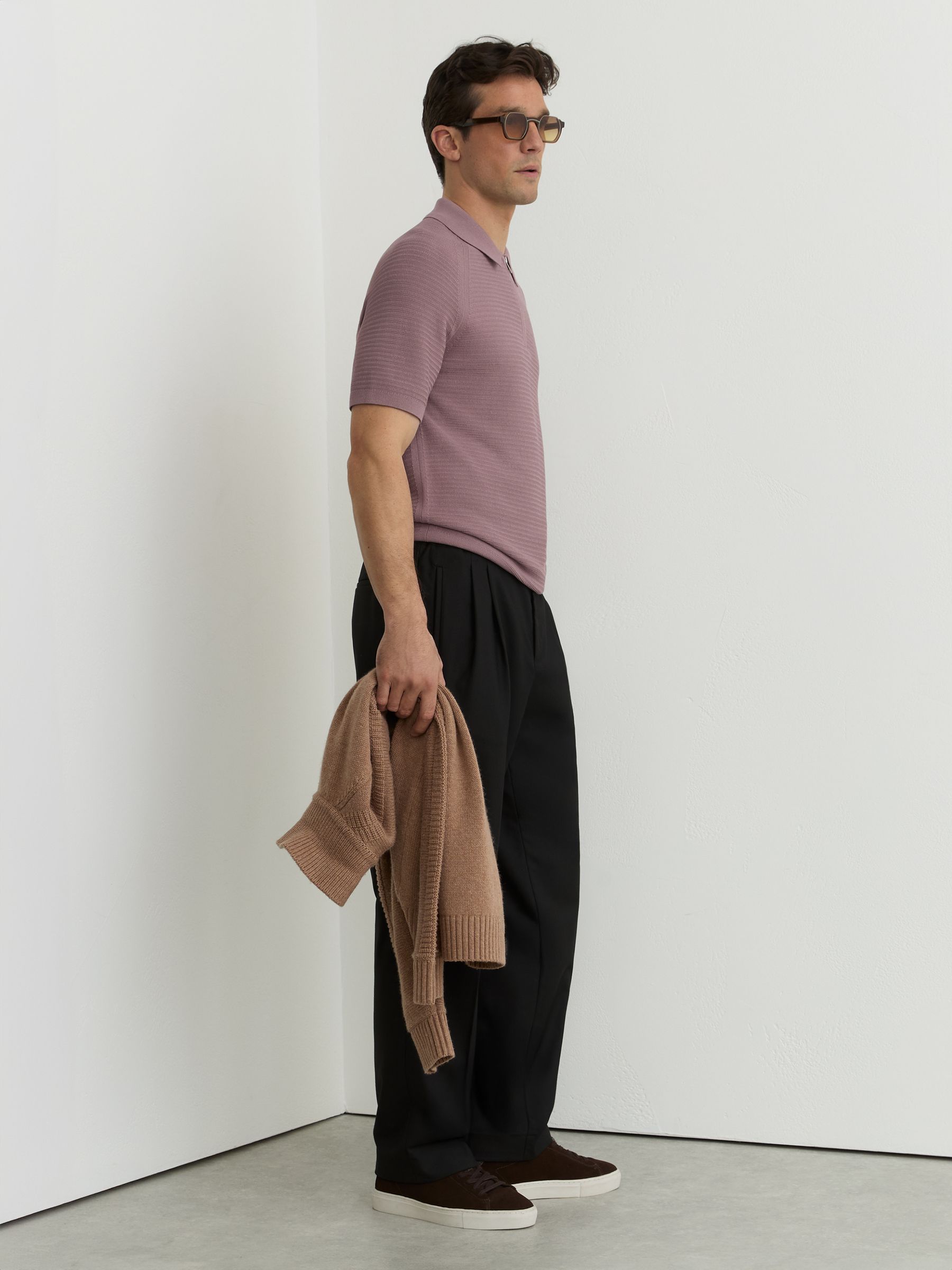 Textured-Knit Half-Zip Polo Shirt in Plum - Image 3 of 6