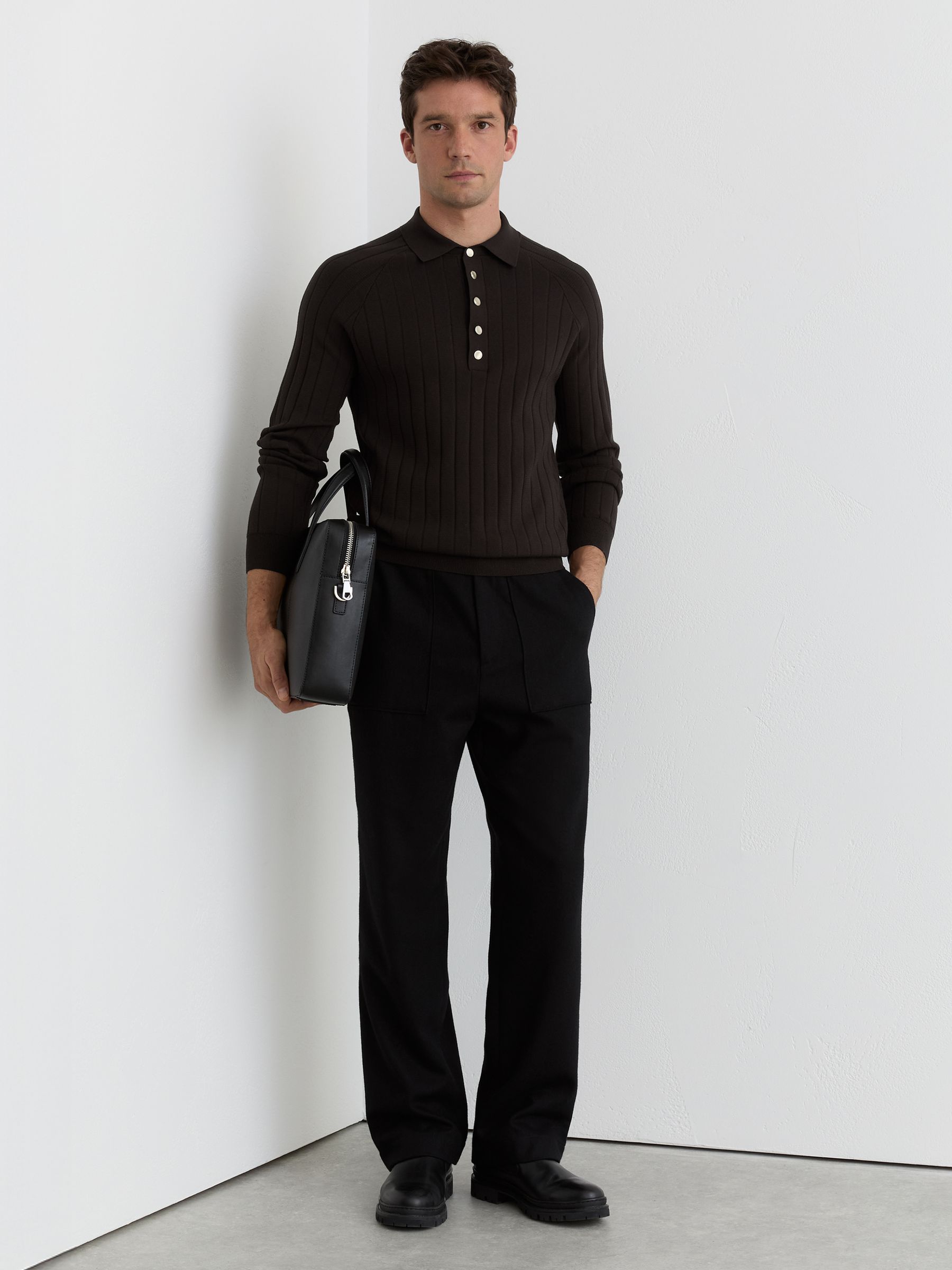 Wide-Ribbed Half-Button Polo Jumper in Chocolate Brown - Image 1 of 5