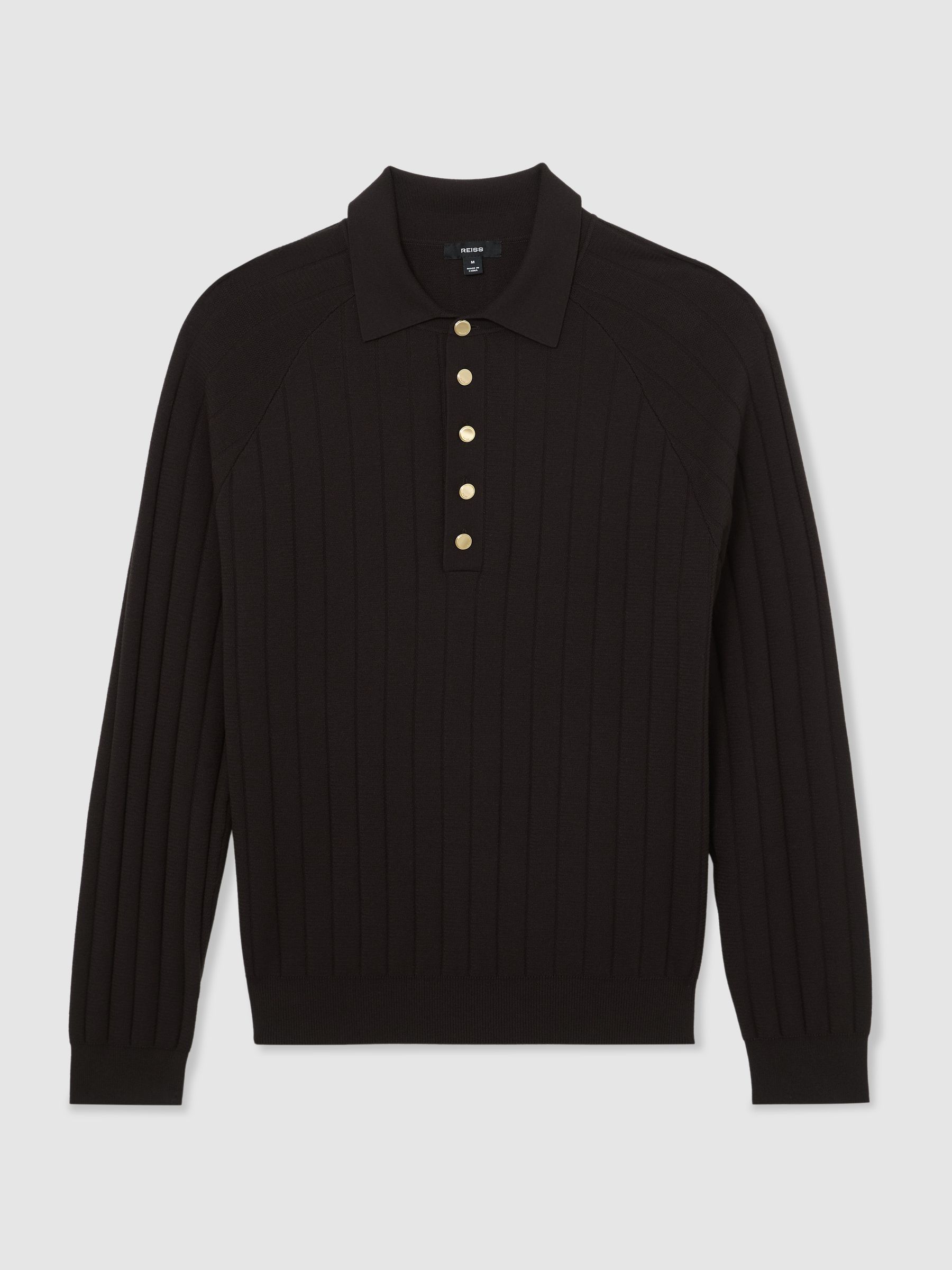 Wide-Ribbed Half-Button Polo Jumper in Chocolate Brown - Image 2 of 5