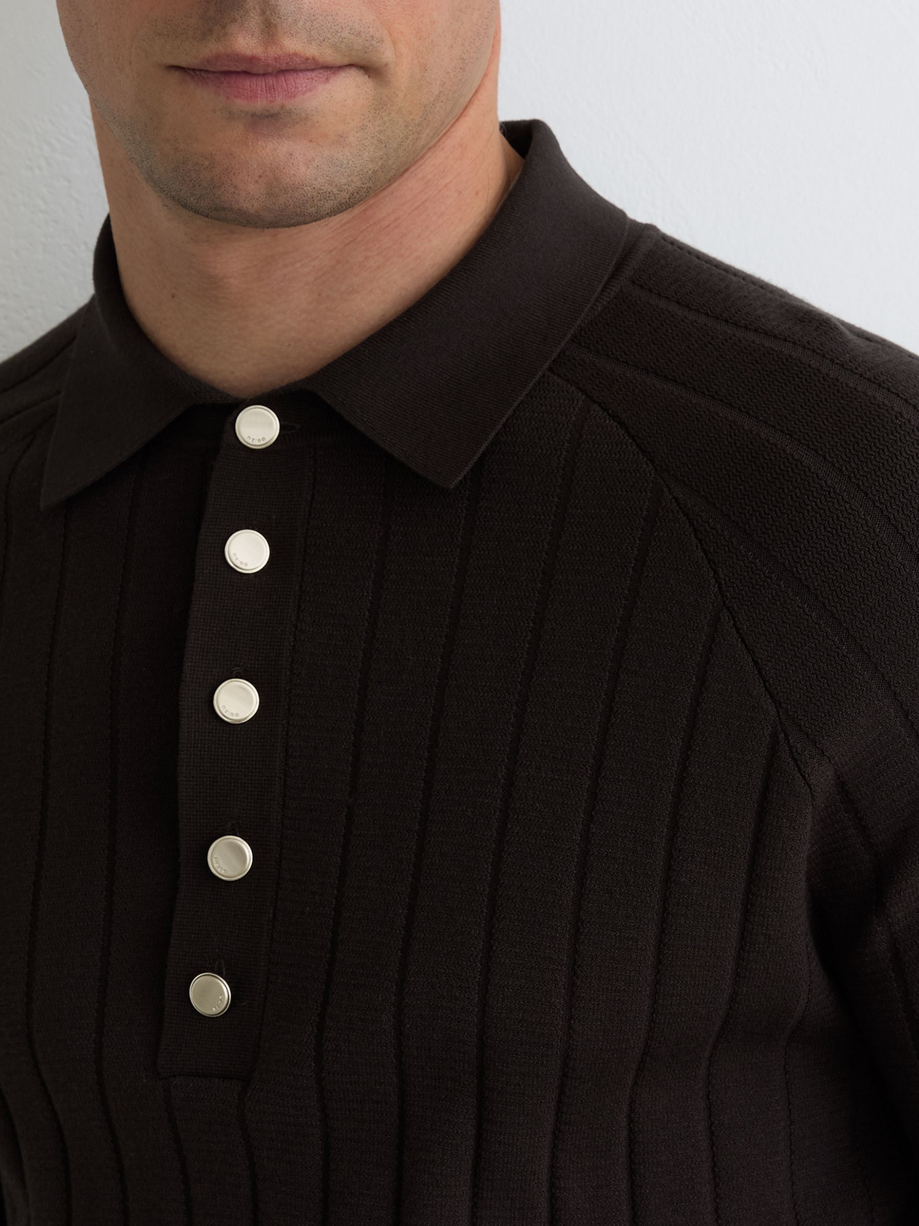 Wide-Ribbed Half-Button Polo Jumper in Chocolate Brown - Image 3 of 5