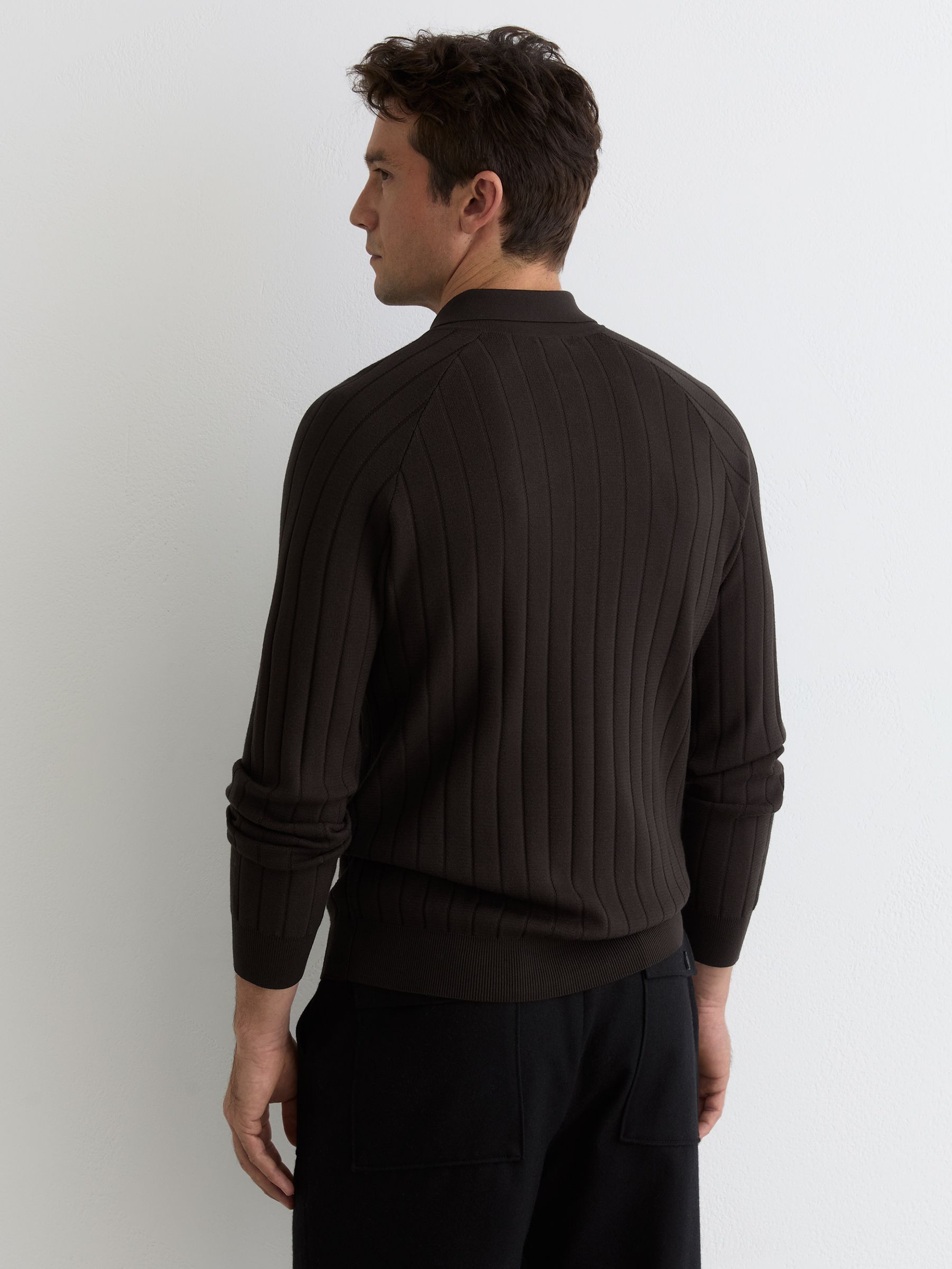Wide-Ribbed Half-Button Polo Jumper in Chocolate Brown - Image 4 of 5
