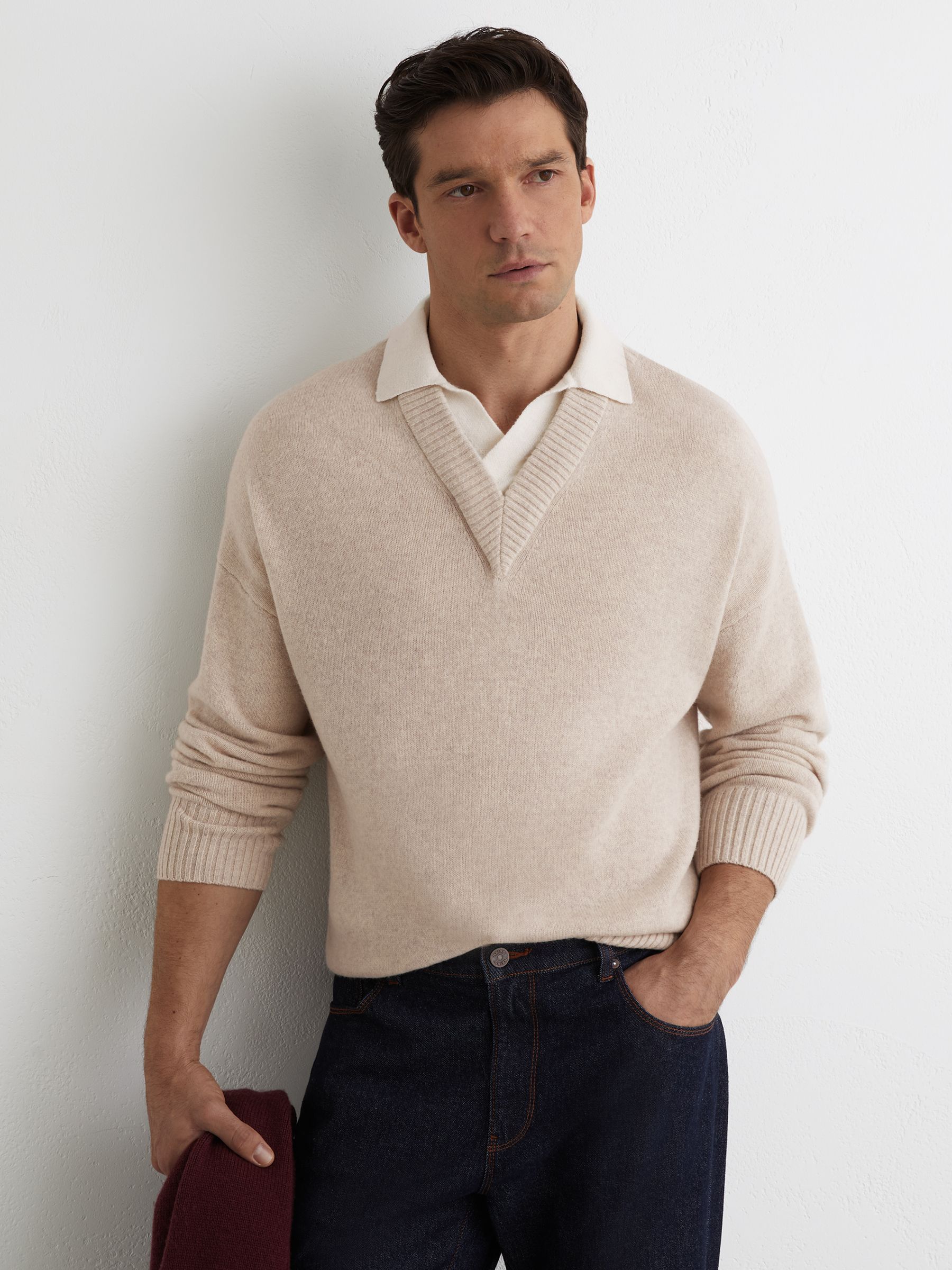 Wool V-Neck Contrast-Collar Jumper in Oatmeal - Image 1 of 7