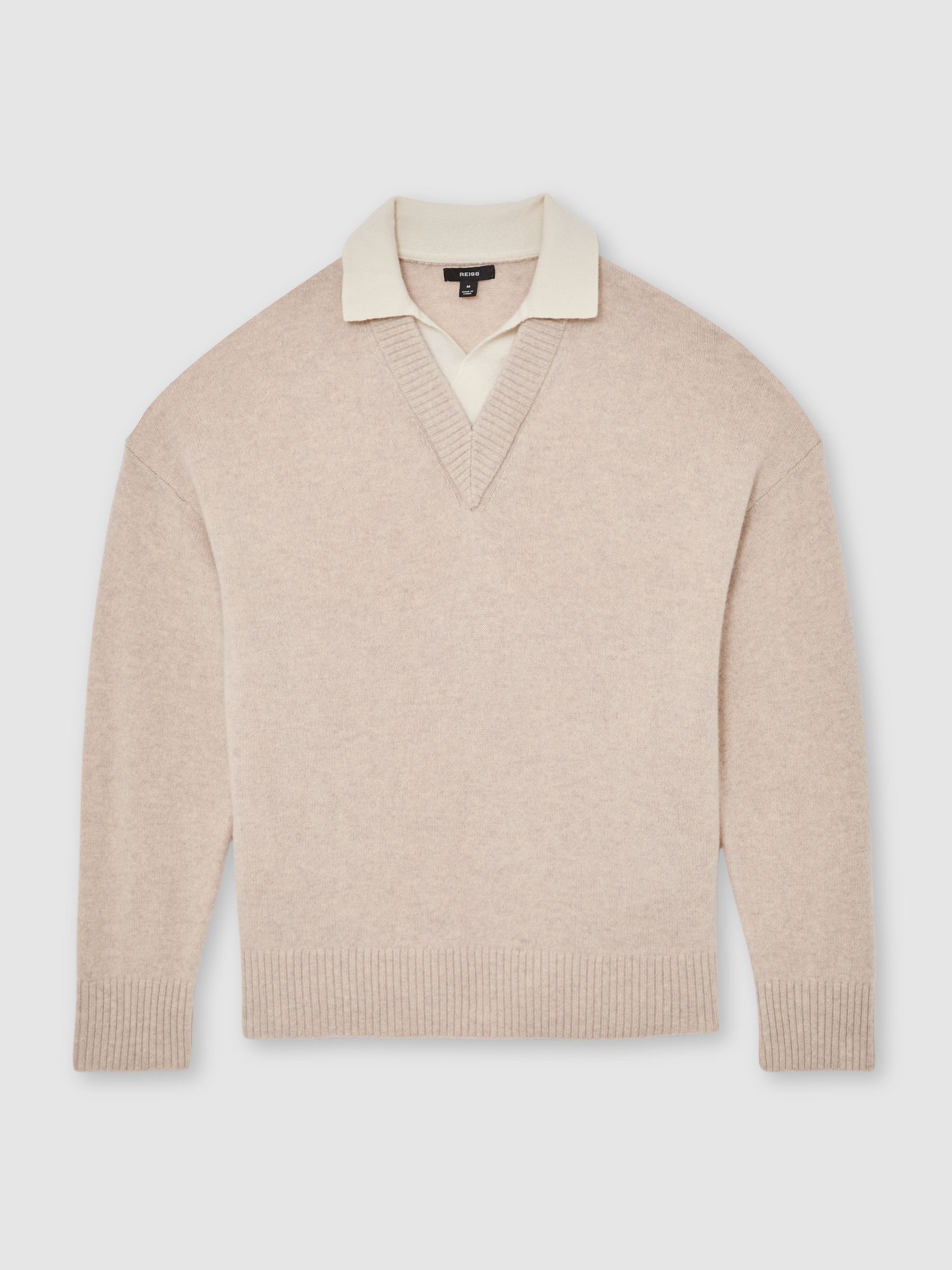 Wool V-Neck Contrast-Collar Jumper in Oatmeal - Image 2 of 7