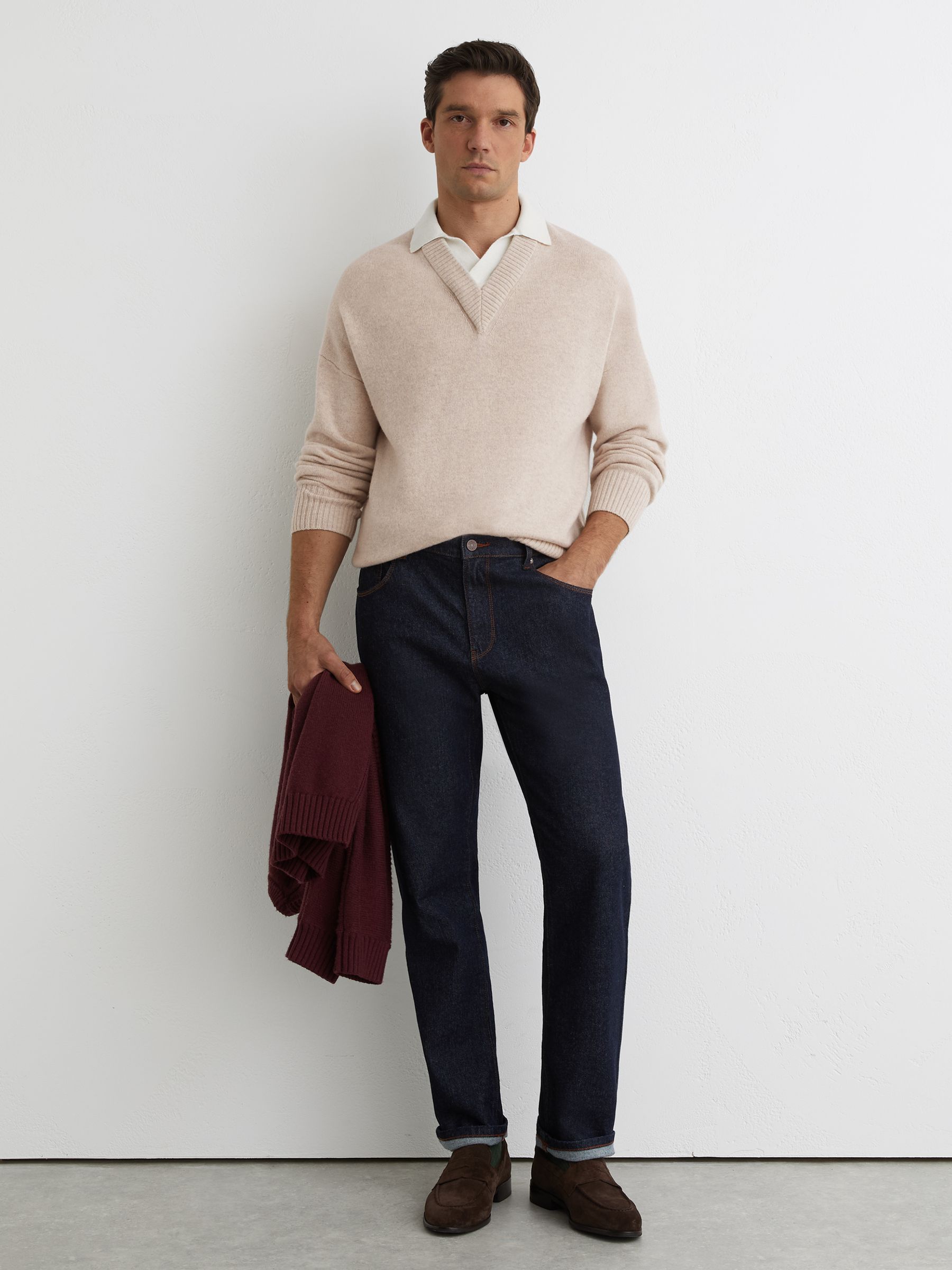 Wool V-Neck Contrast-Collar Jumper in Oatmeal - Image 3 of 7