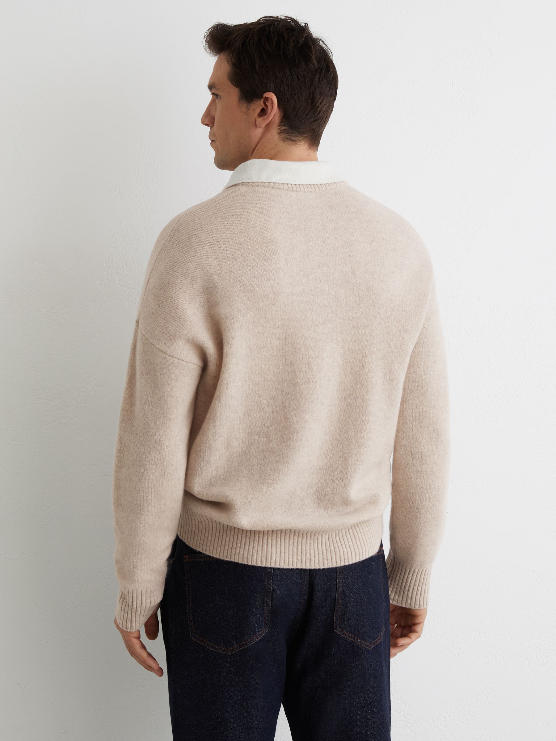 Wool V-Neck Contrast-Collar Jumper in Oatmeal - Image 6 of 7