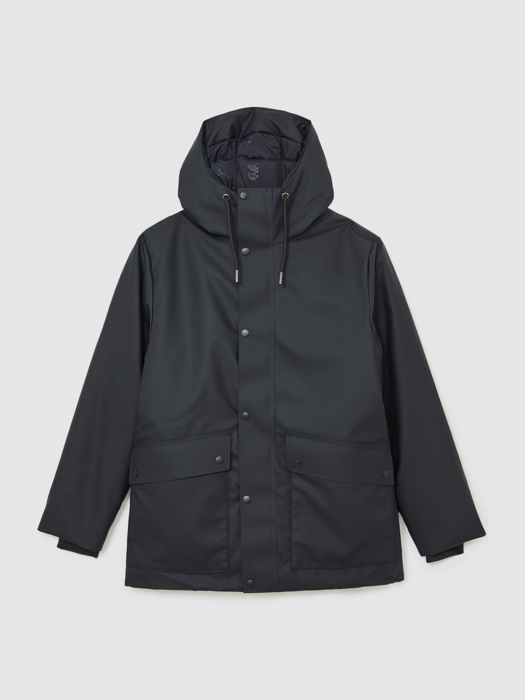 Rains Short Hooded Parka Coat in Navy - Image 2 of 5