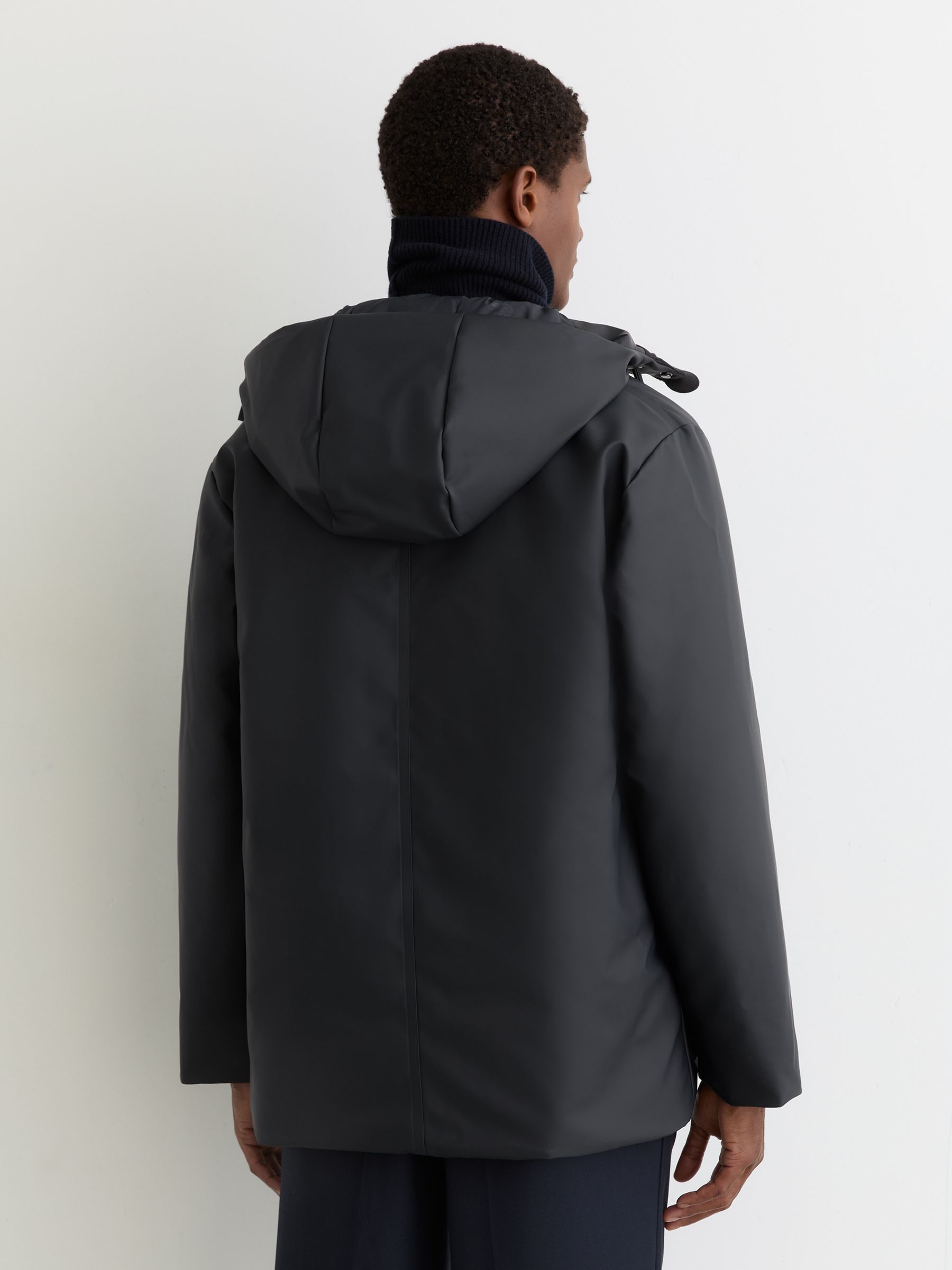 Rains Short Hooded Parka Coat in Navy - Image 4 of 5
