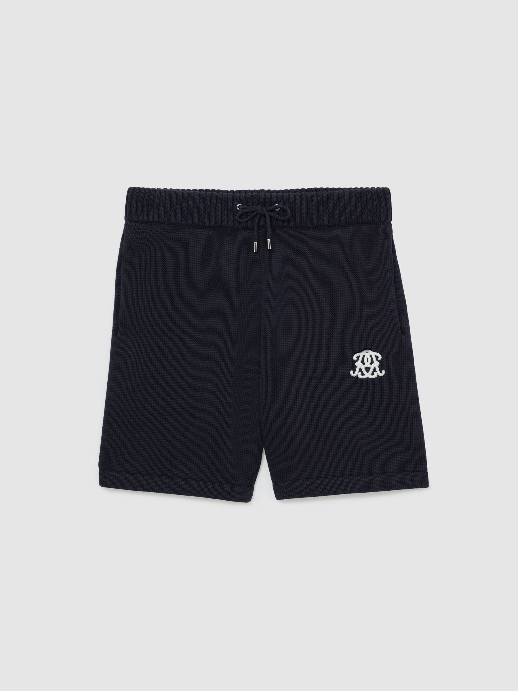 Monogram-Embroidered Relaxed Knit Shorts in Navy - Image 2 of 7