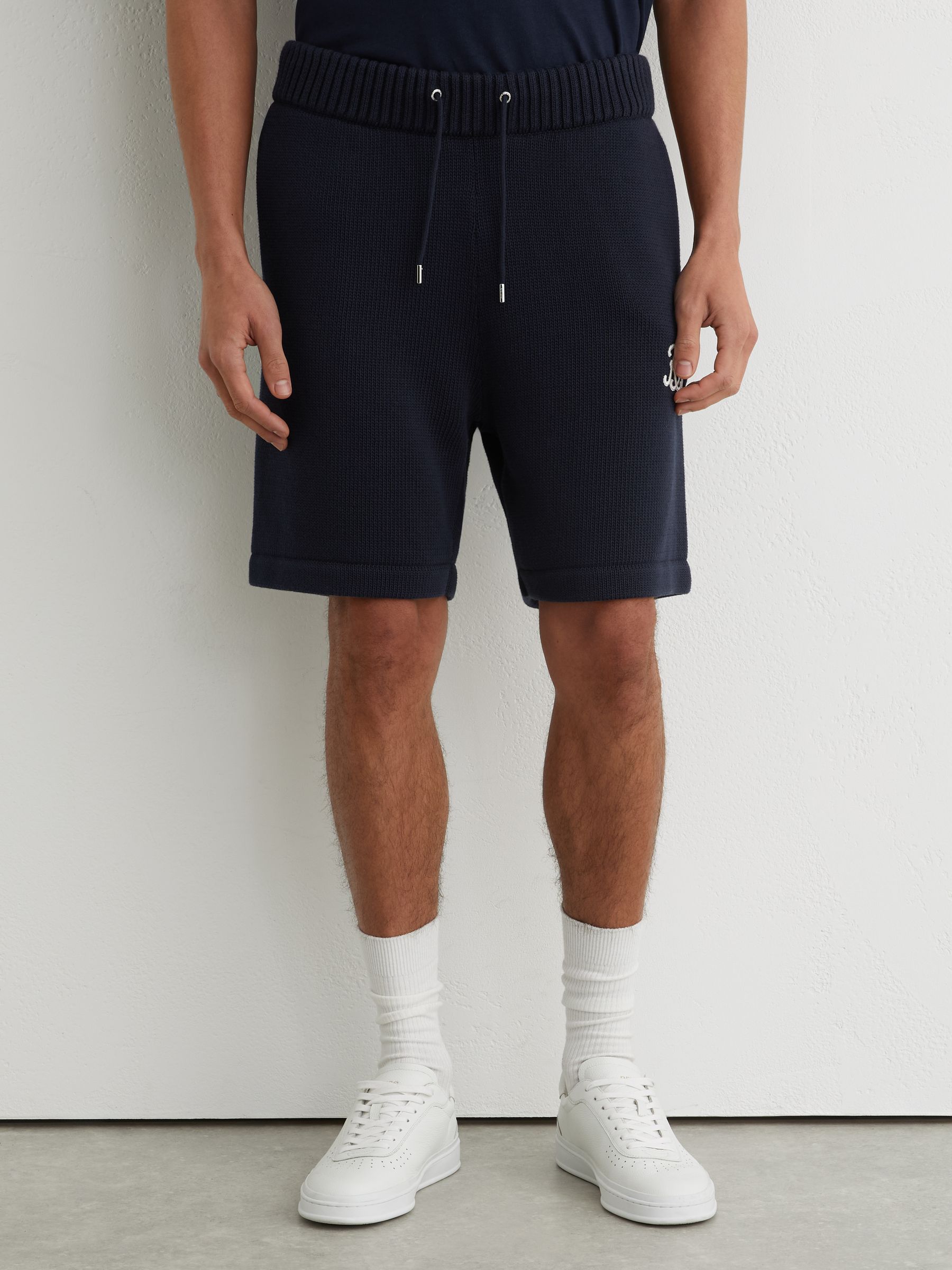 Monogram-Embroidered Relaxed Knit Shorts in Navy - Image 4 of 7