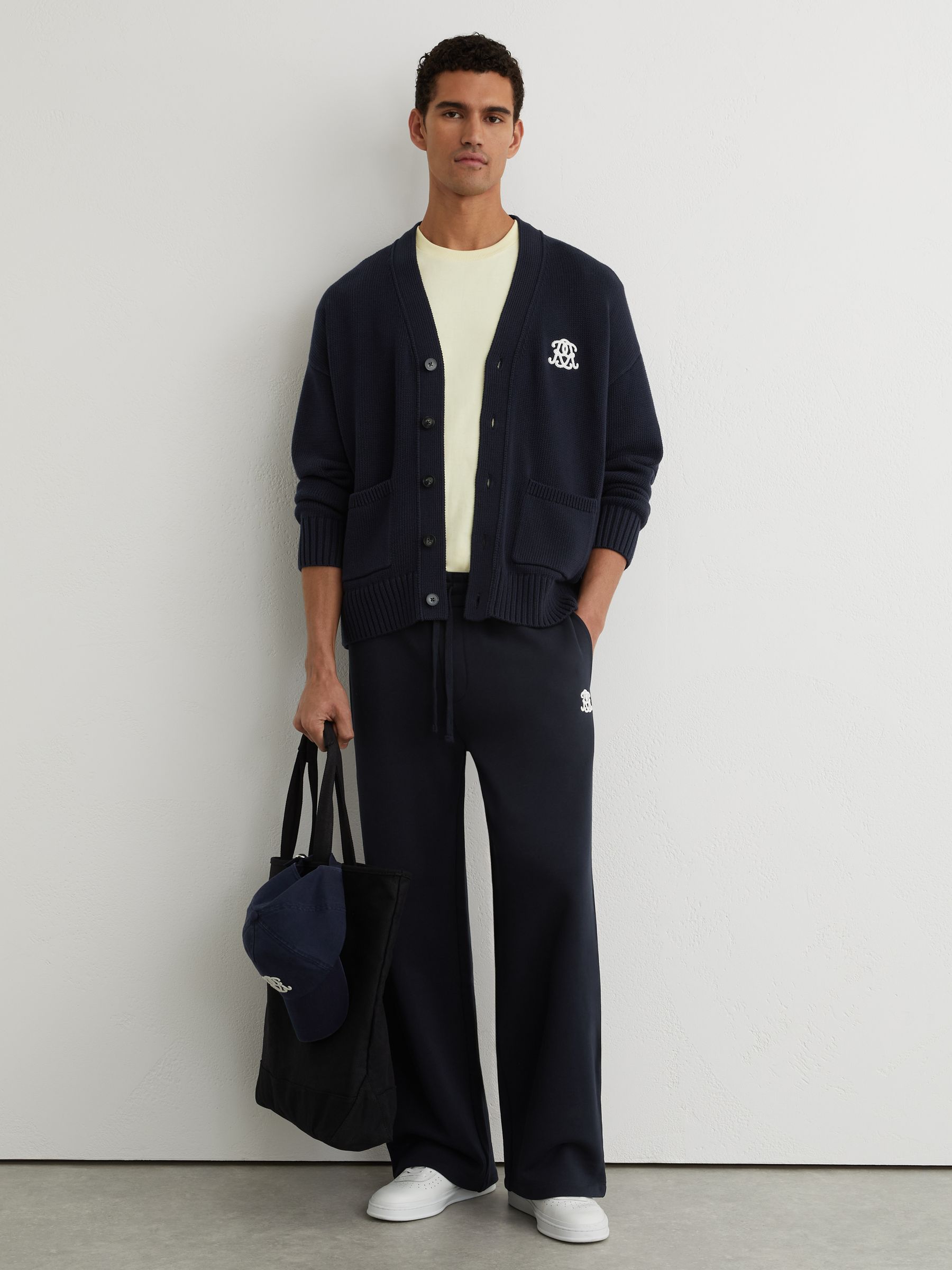 Monogram-Embroidered Relaxed Cardigan in Navy - Image 1 of 7