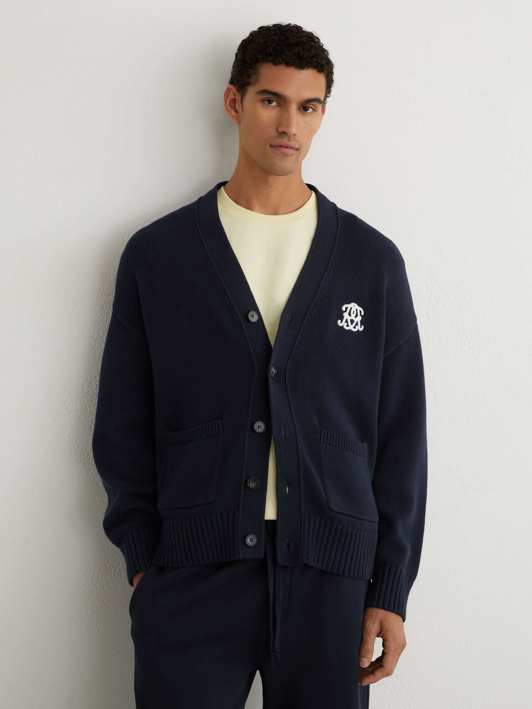 Monogram-Embroidered Relaxed Cardigan in Navy - Image 3 of 7