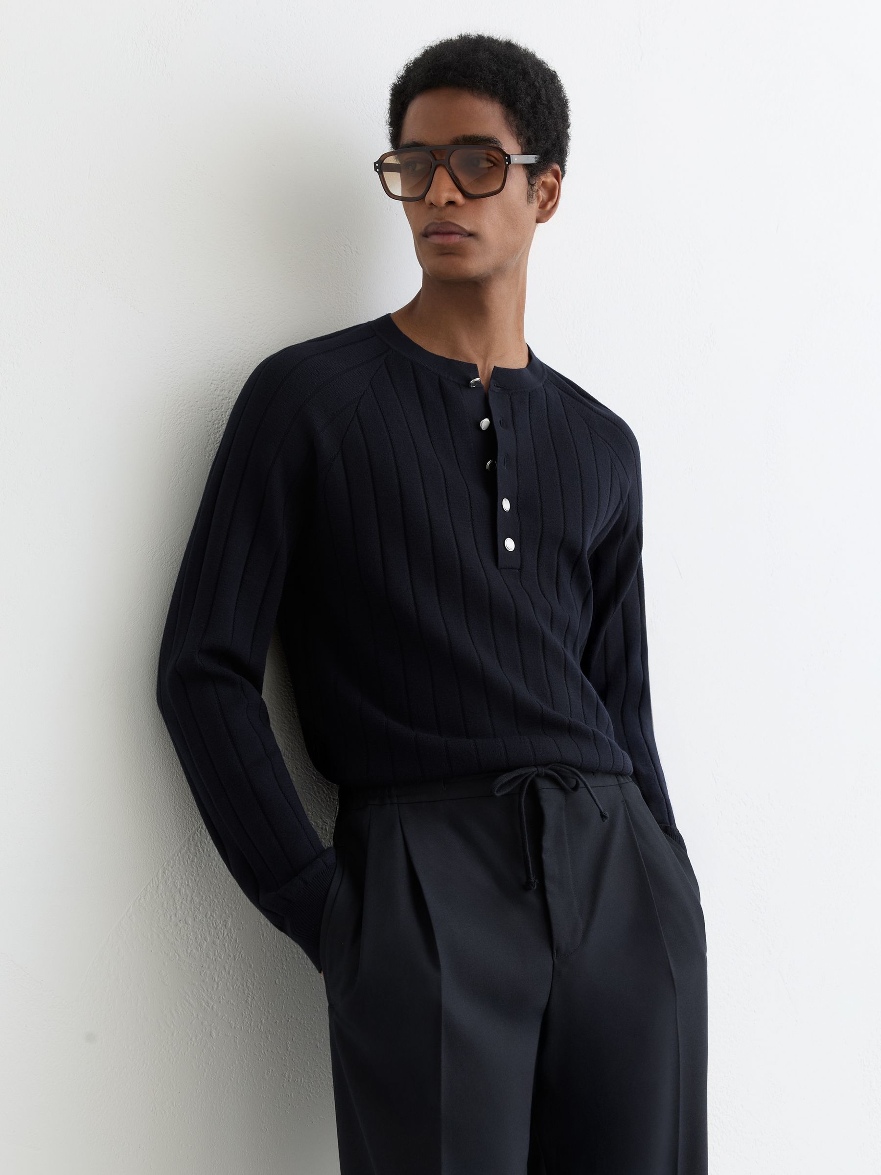 Wide-Rib Knit Henley Jumper in Navy - Image 1 of 6 Wide-Rib Knit Henley Jumper in Navy - Image 1 of 6