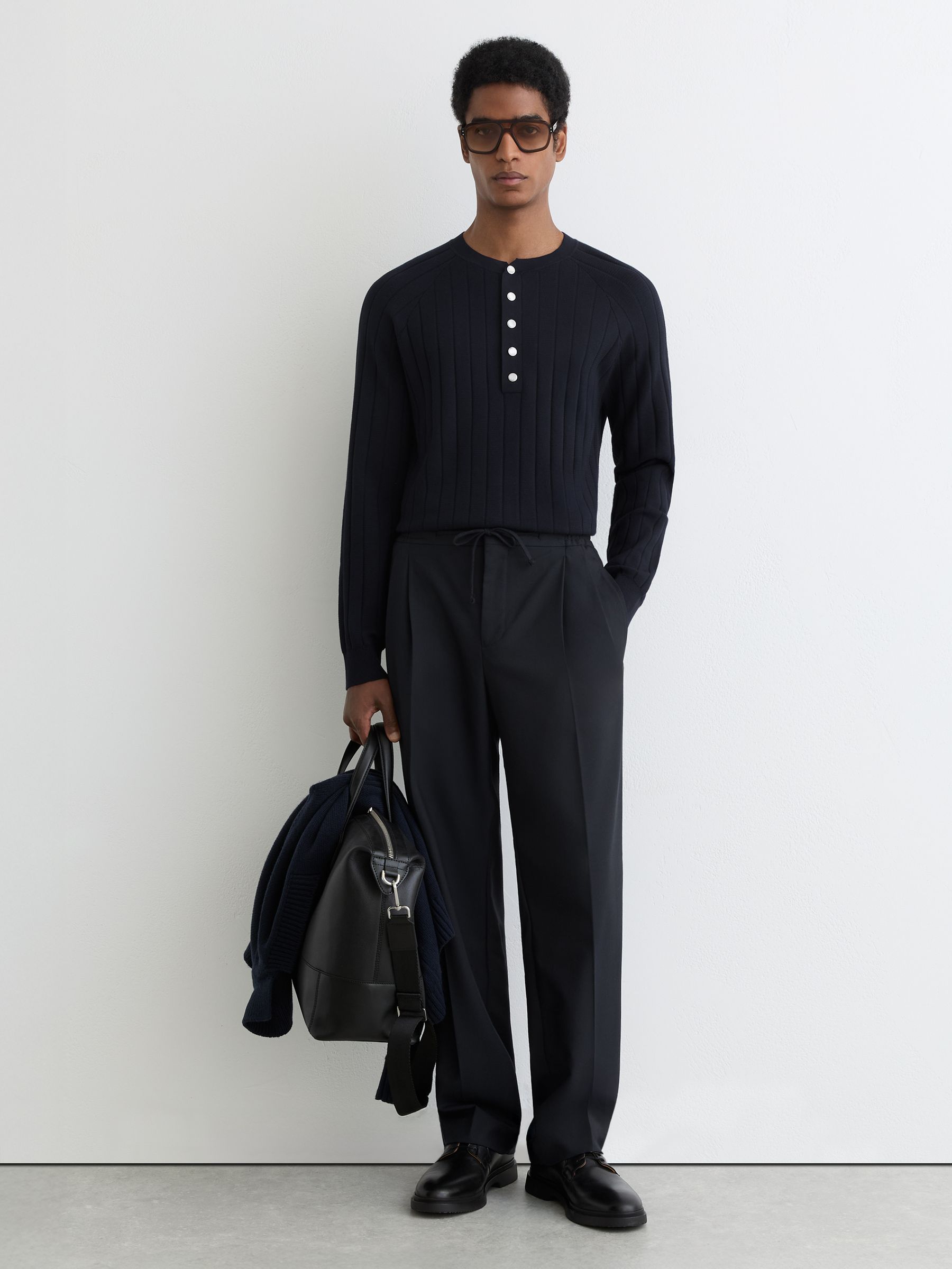 Wide-Rib Knit Henley Jumper in Navy - Image 3 of 6