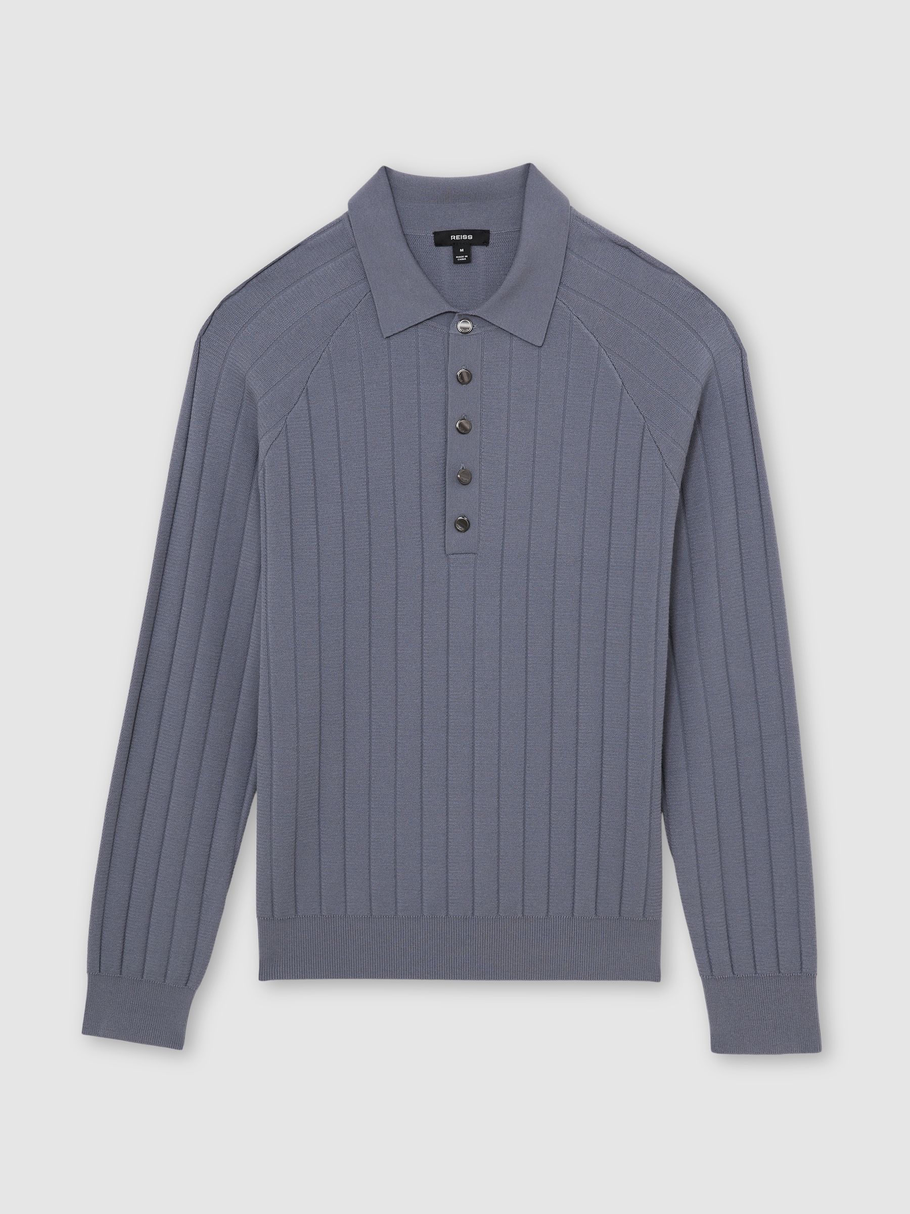 Wide-Ribbed Half-Button Polo Jumper in Steel Blue - Image 2 of 6