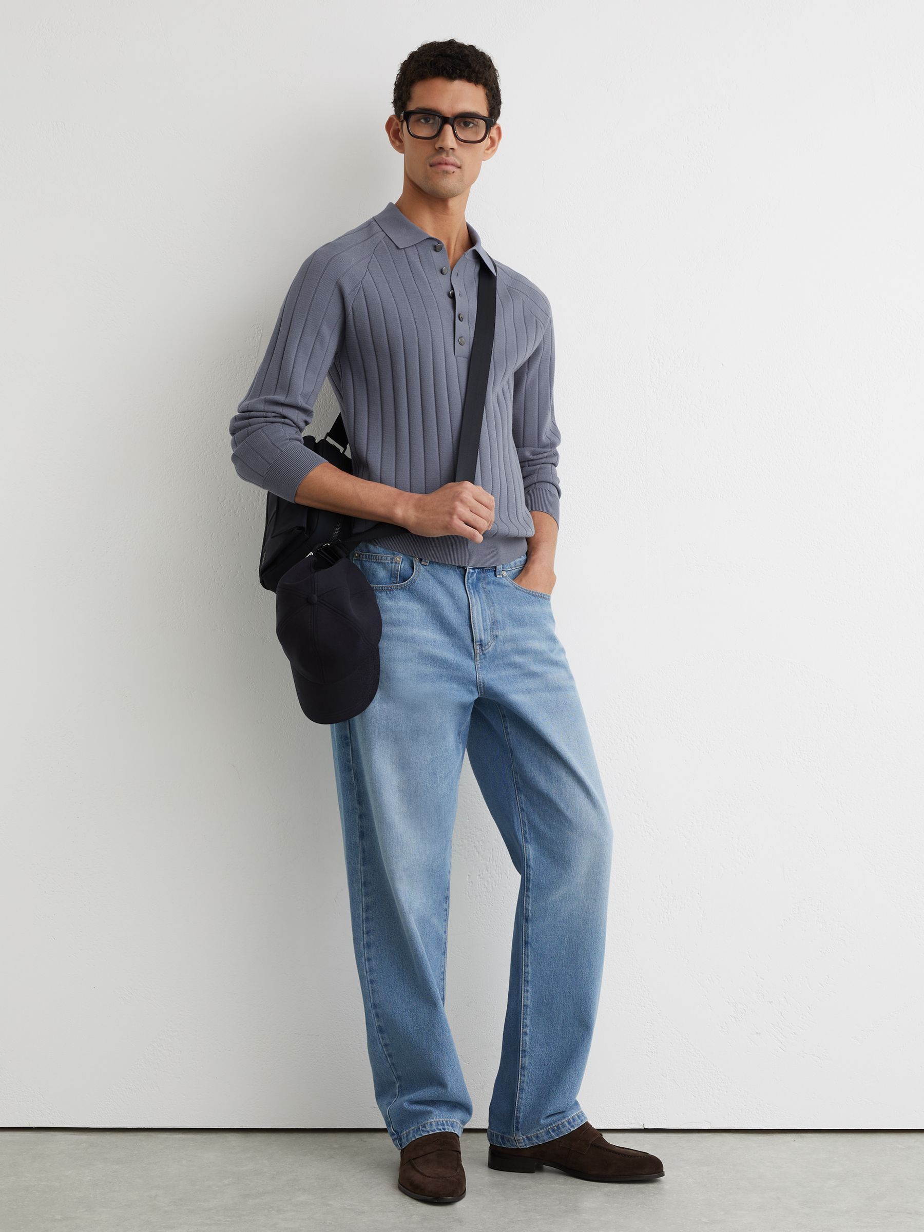 Wide-Ribbed Half-Button Polo Jumper in Steel Blue - Image 3 of 6