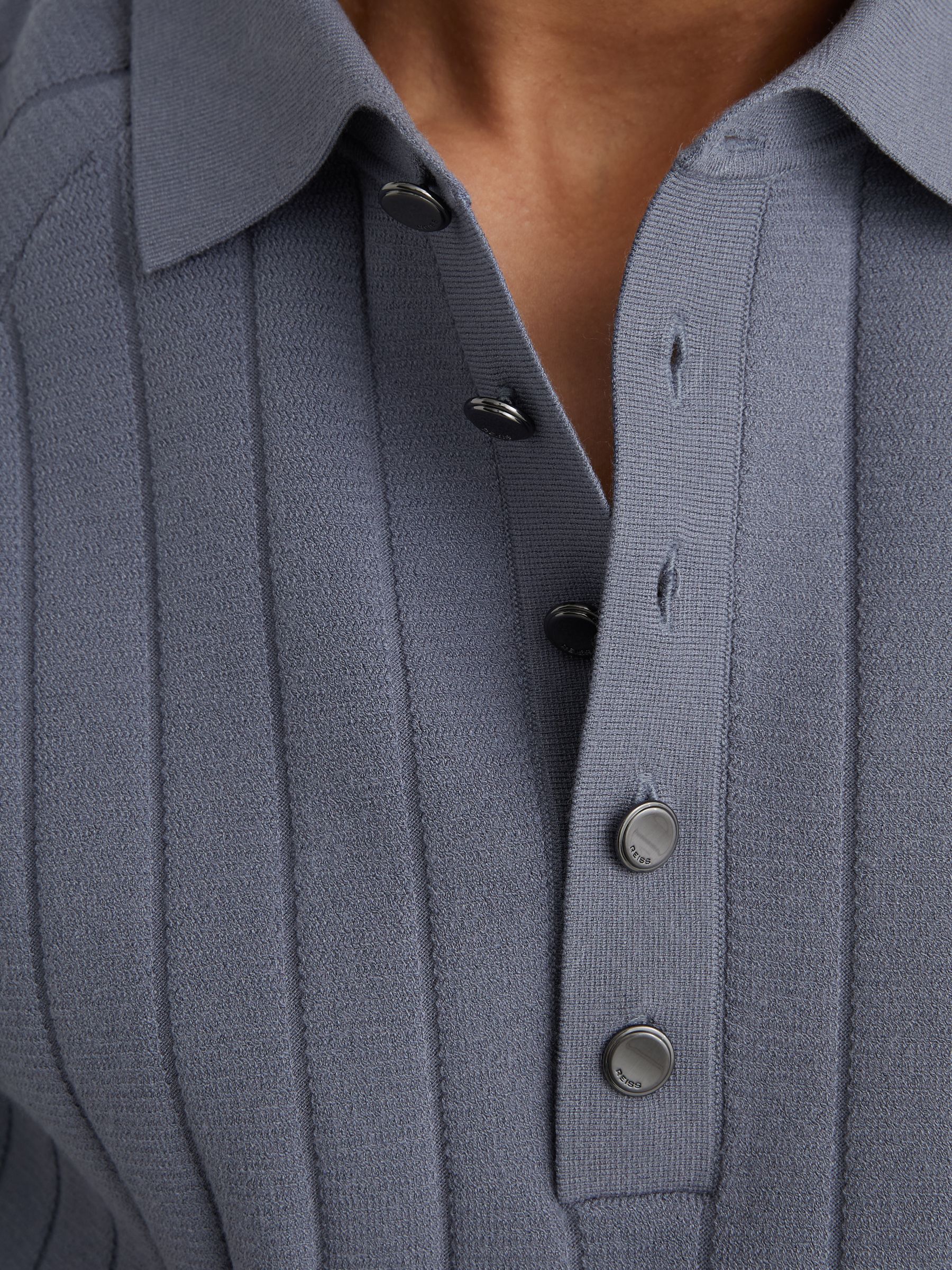 Wide-Ribbed Half-Button Polo Jumper in Steel Blue - Image 4 of 6