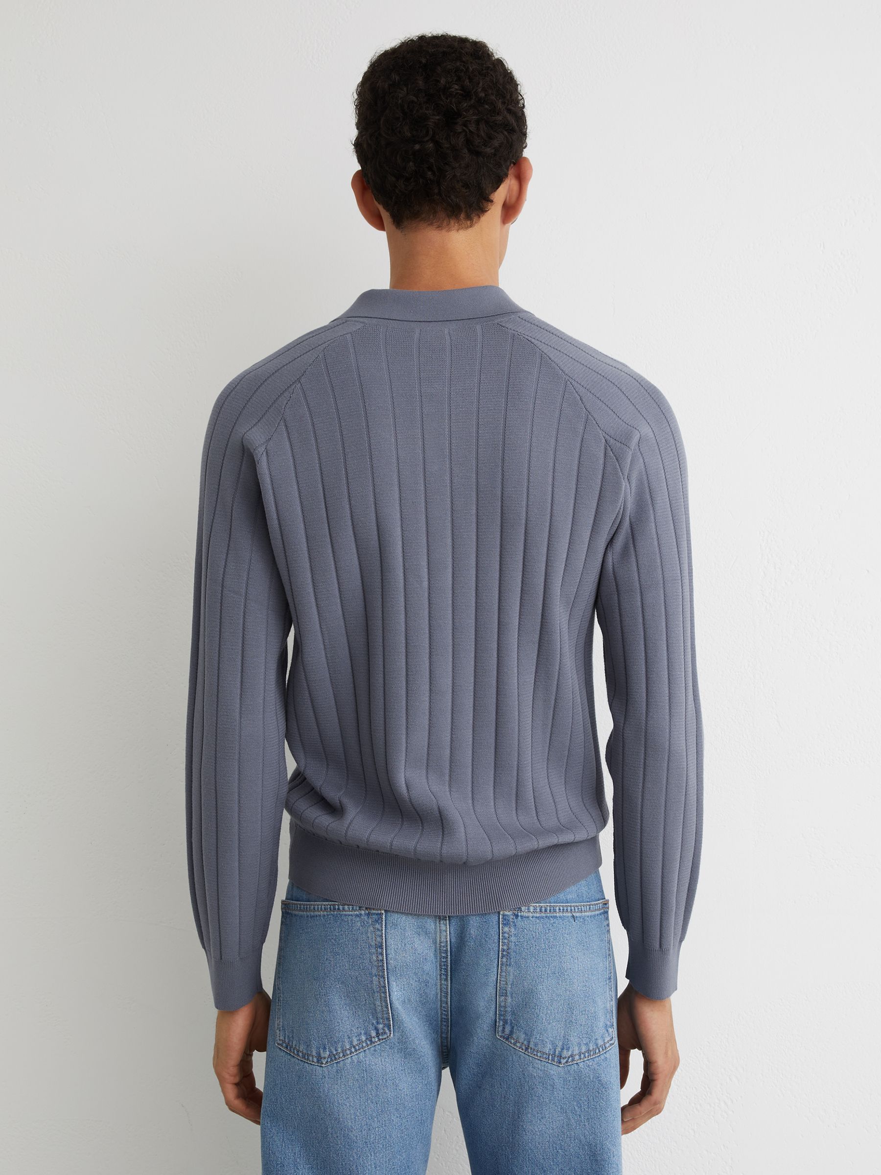 Wide-Ribbed Half-Button Polo Jumper in Steel Blue - Image 5 of 6