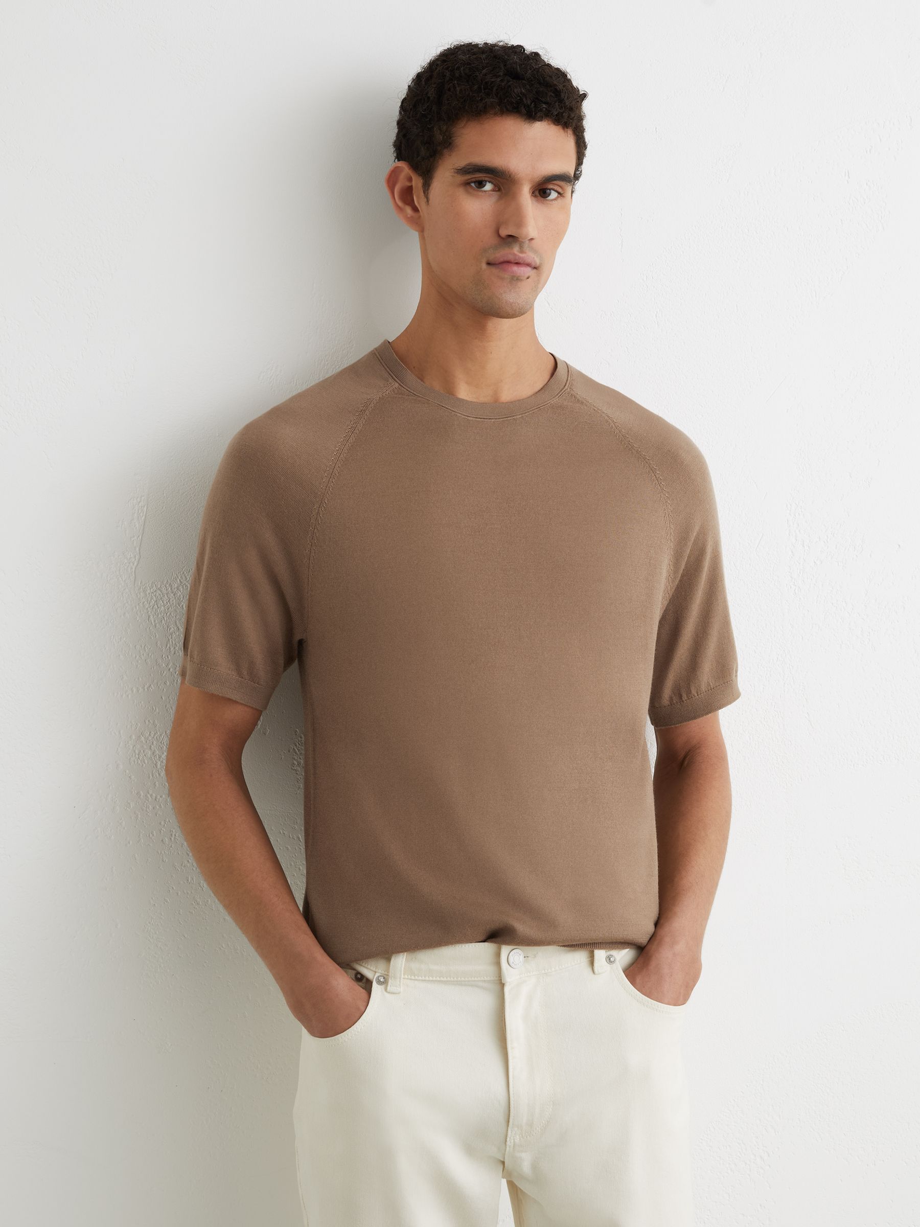 Merino Wool Raglan-Sleeve T-Shirt in Camel Brown - Image 1 of 6
