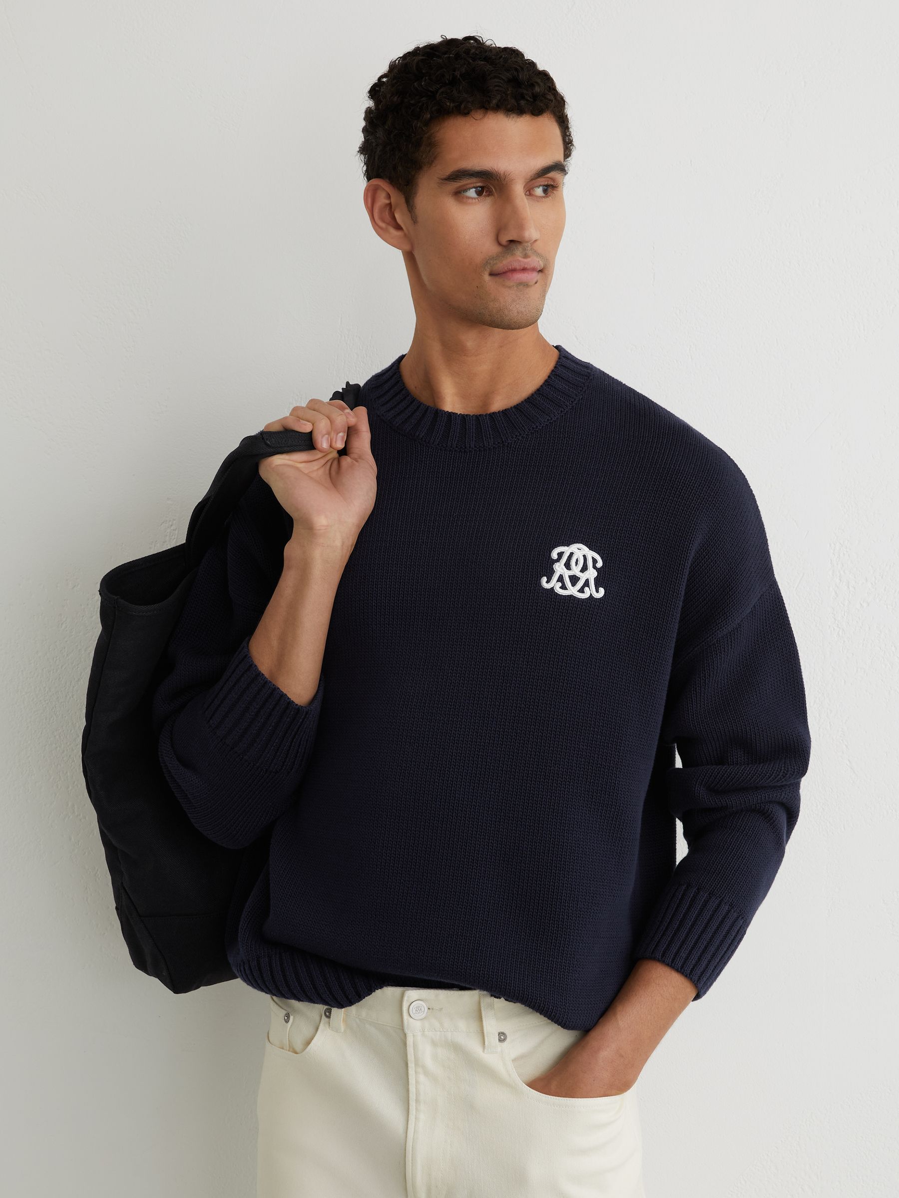 Monogram-Embroidered Relaxed Jumper in Navy - image 2