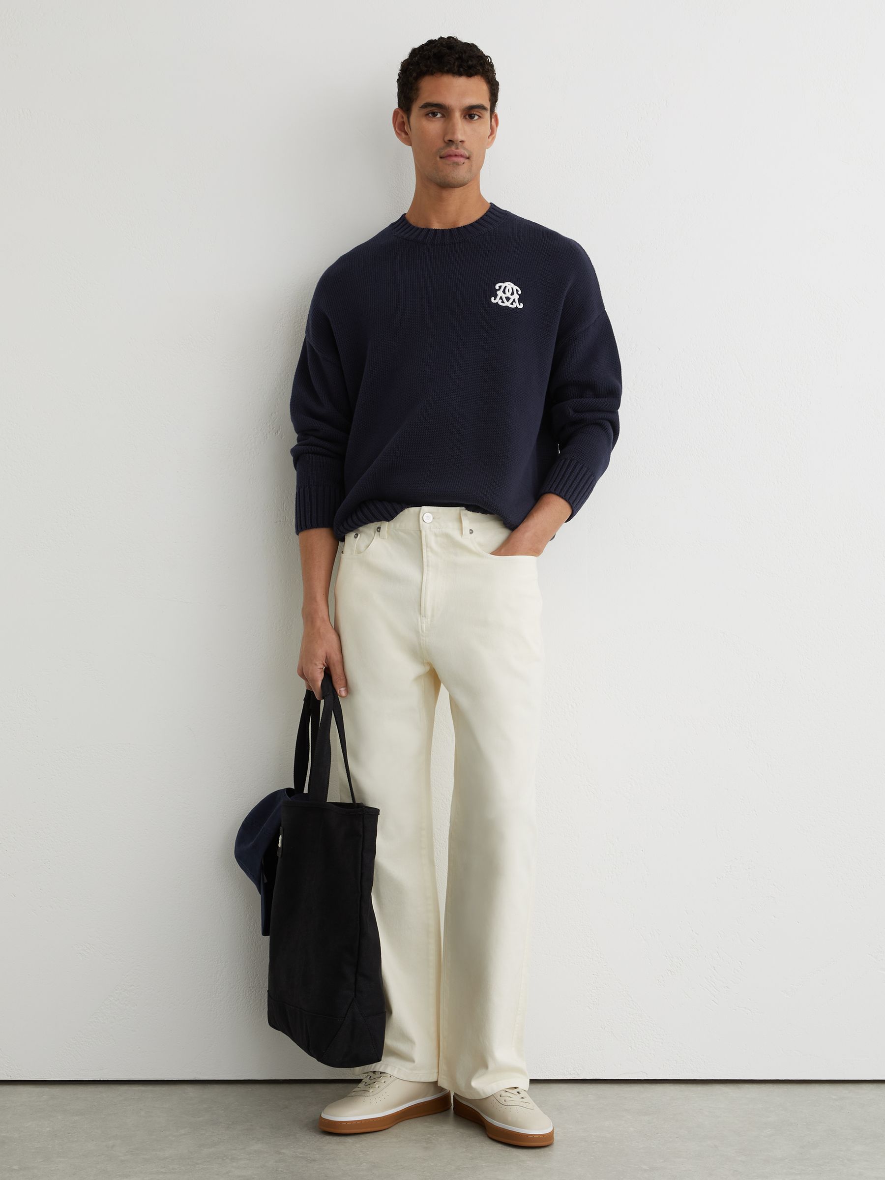 Pull décontracté à monogramme brodé, bleu marine - Image 3 de 6