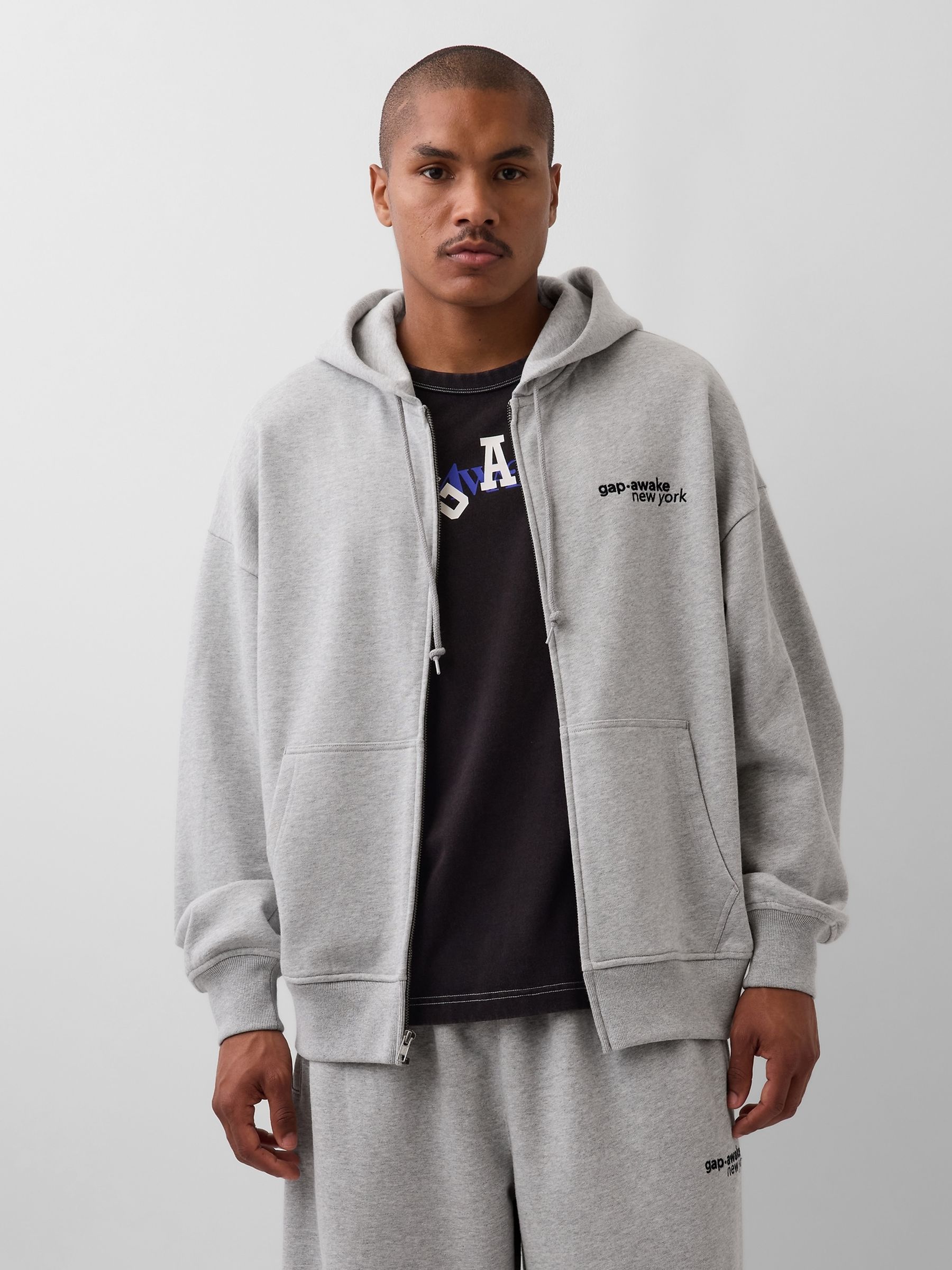 Gap x Awake NY Grey Heavyweight Oversized Logo Zip Hoodie | Gap