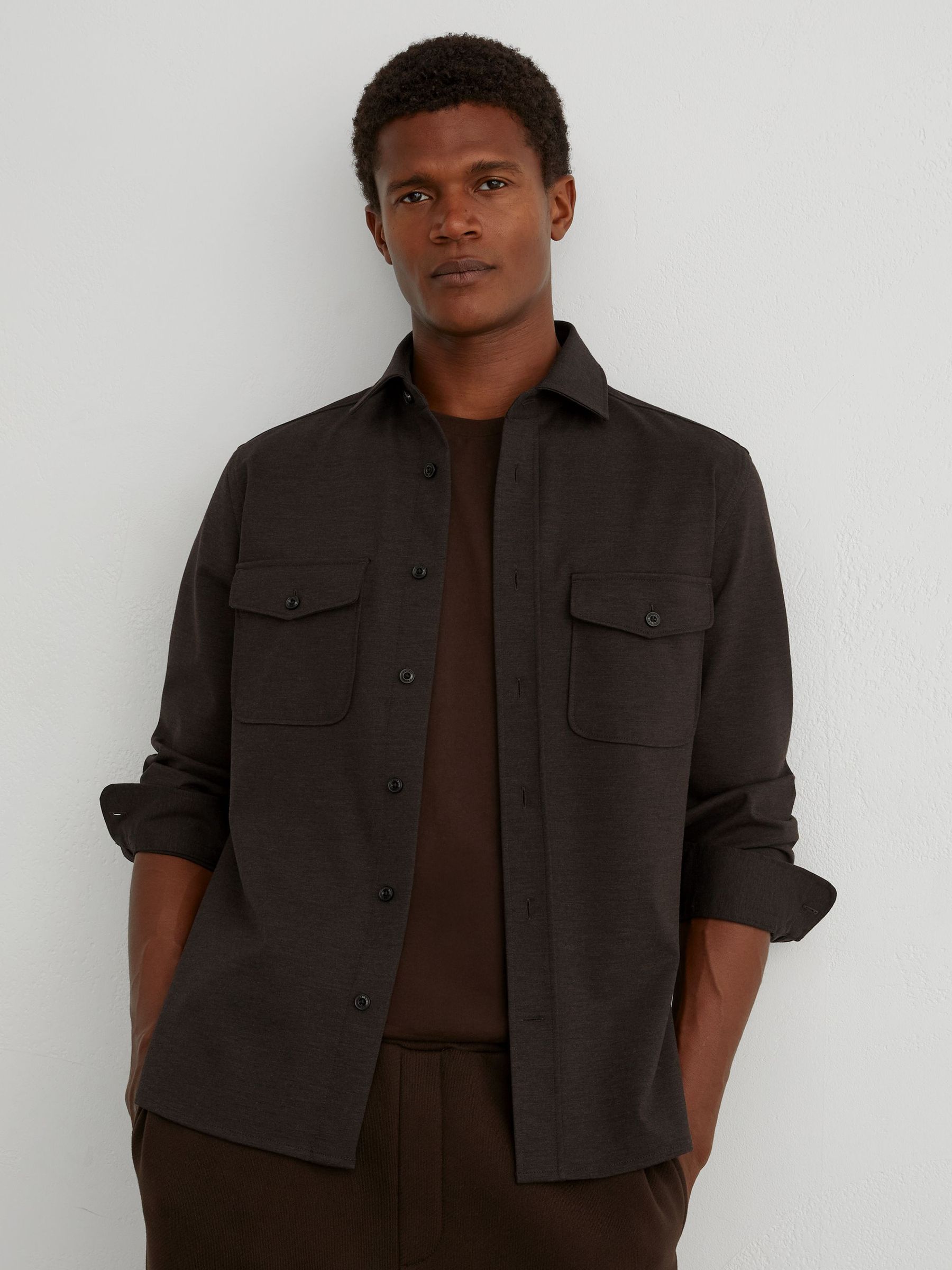 Twin-Pocket Button-Through Overshirt in Brown - Image 3 of 8
