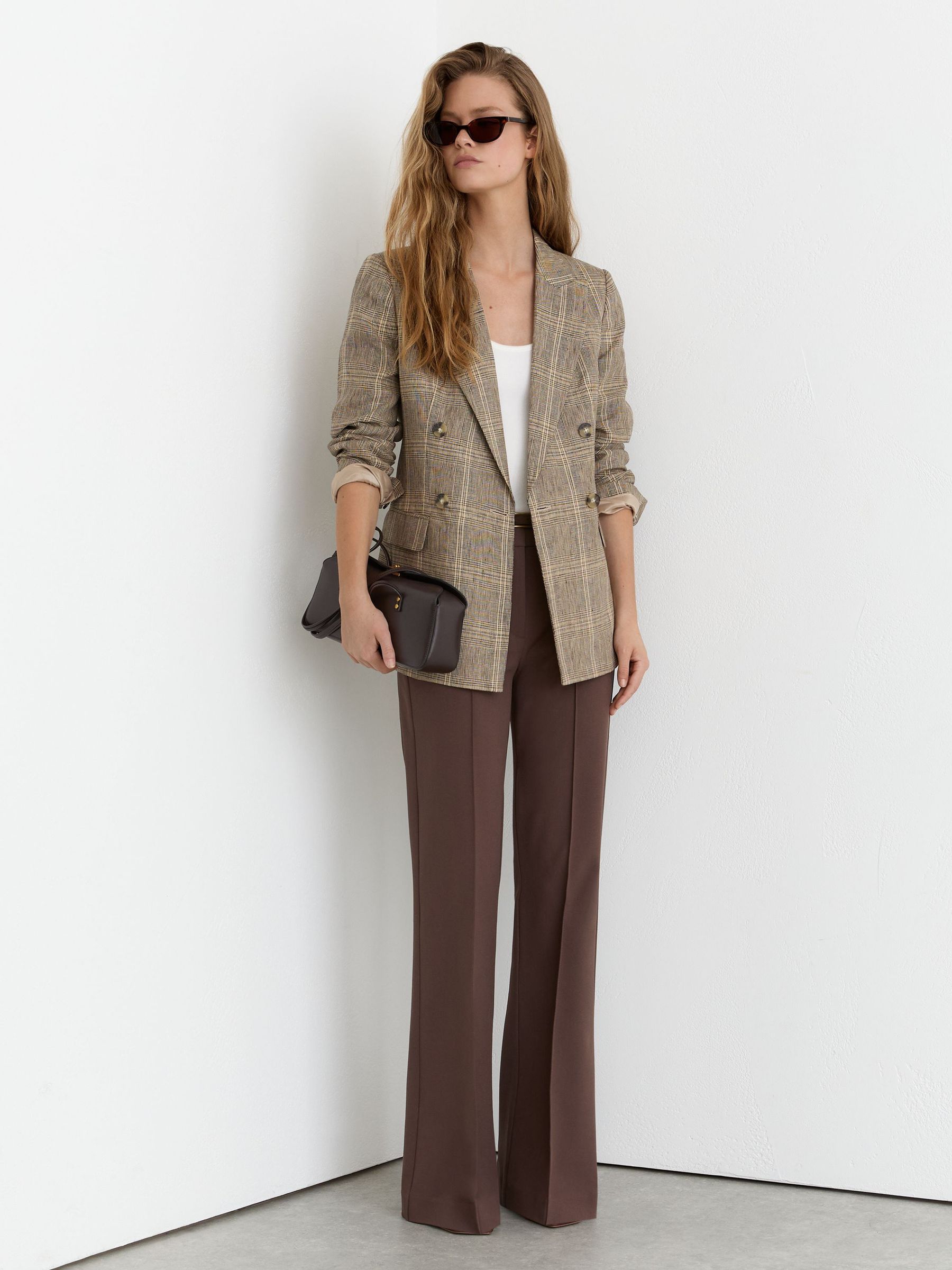 Petite Linen Double-Breasted Check Blazer in Neutral Check - Image 1 of 7