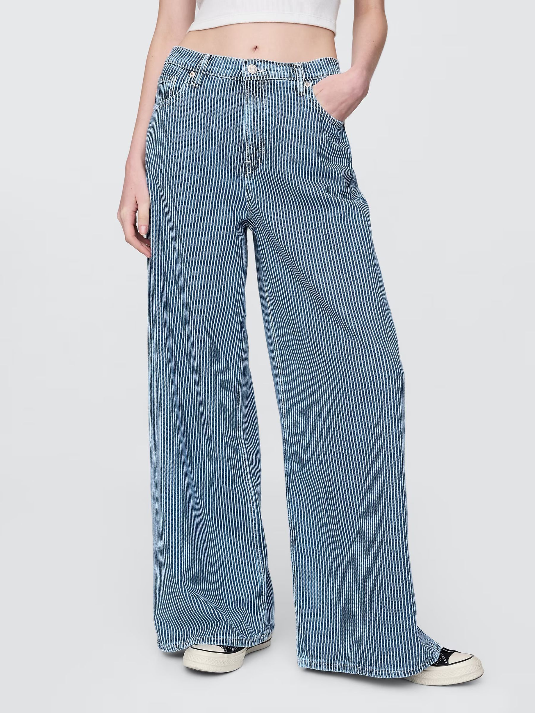 Indigo Blue Mid Rise Ultra Soft Denim Stripe Baggy Jeans - Image 1 of 5