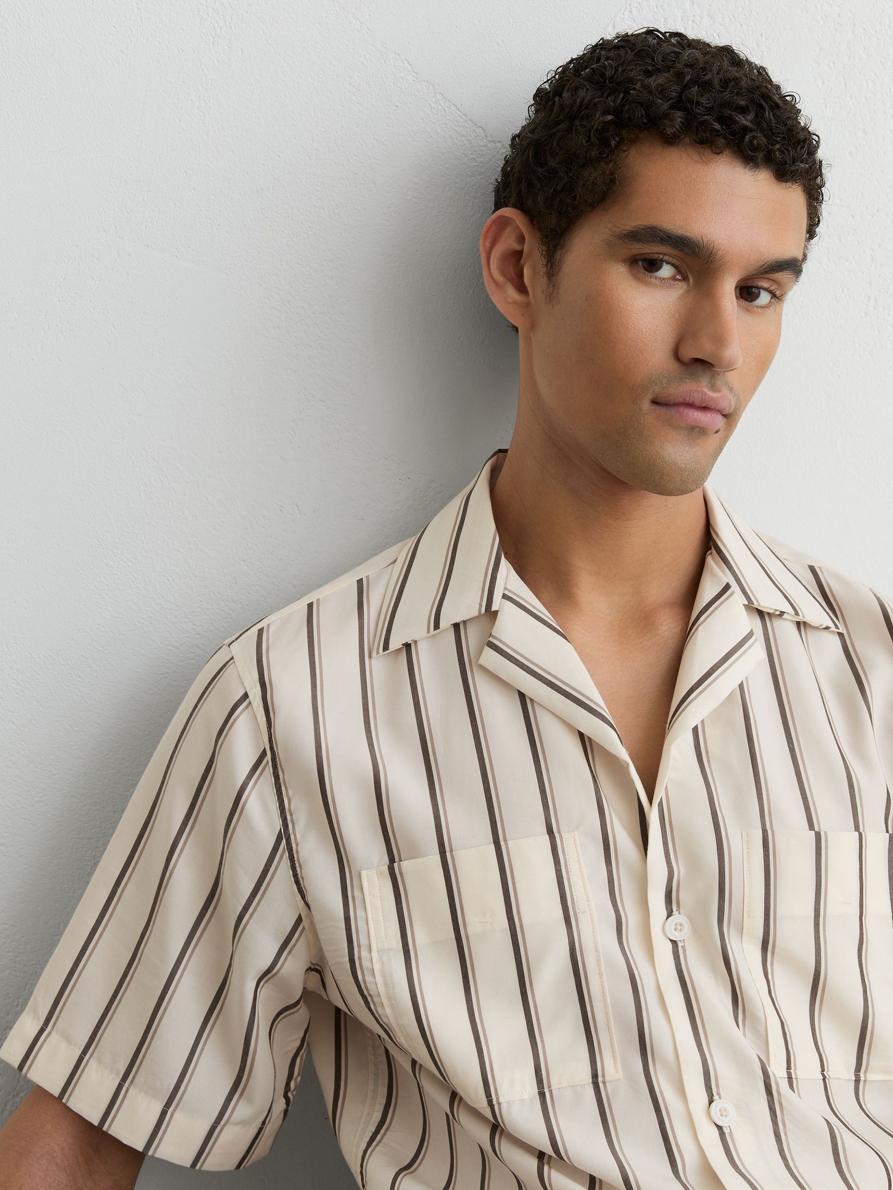 Lyocell Stripe Relaxed Cuban-Collar Shirt in Ivory White - Image 1 of 6 Lyocell Stripe Relaxed Cuban-Collar Shirt in Ivory White - Image 1 of 6