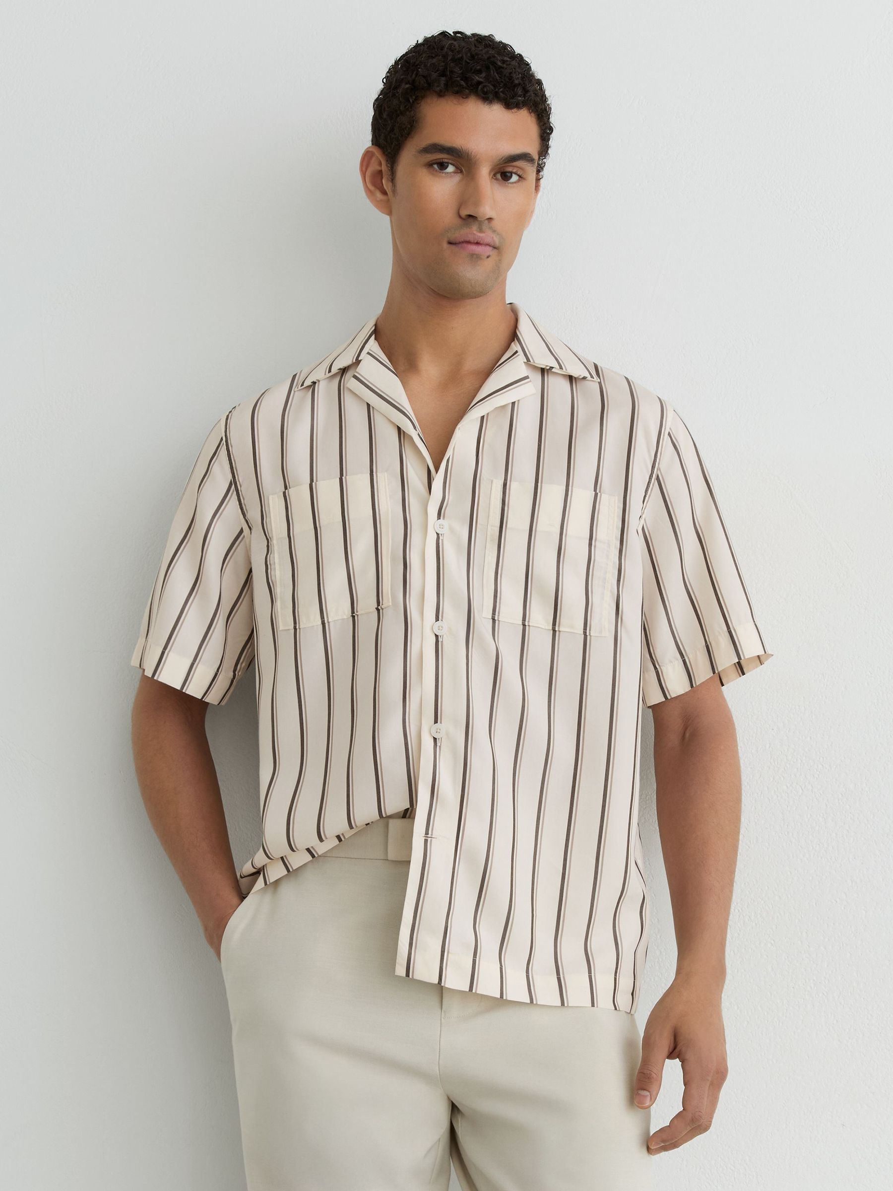 Lyocell Stripe Relaxed Cuban-Collar Shirt in Ivory White - Image 3 of 6