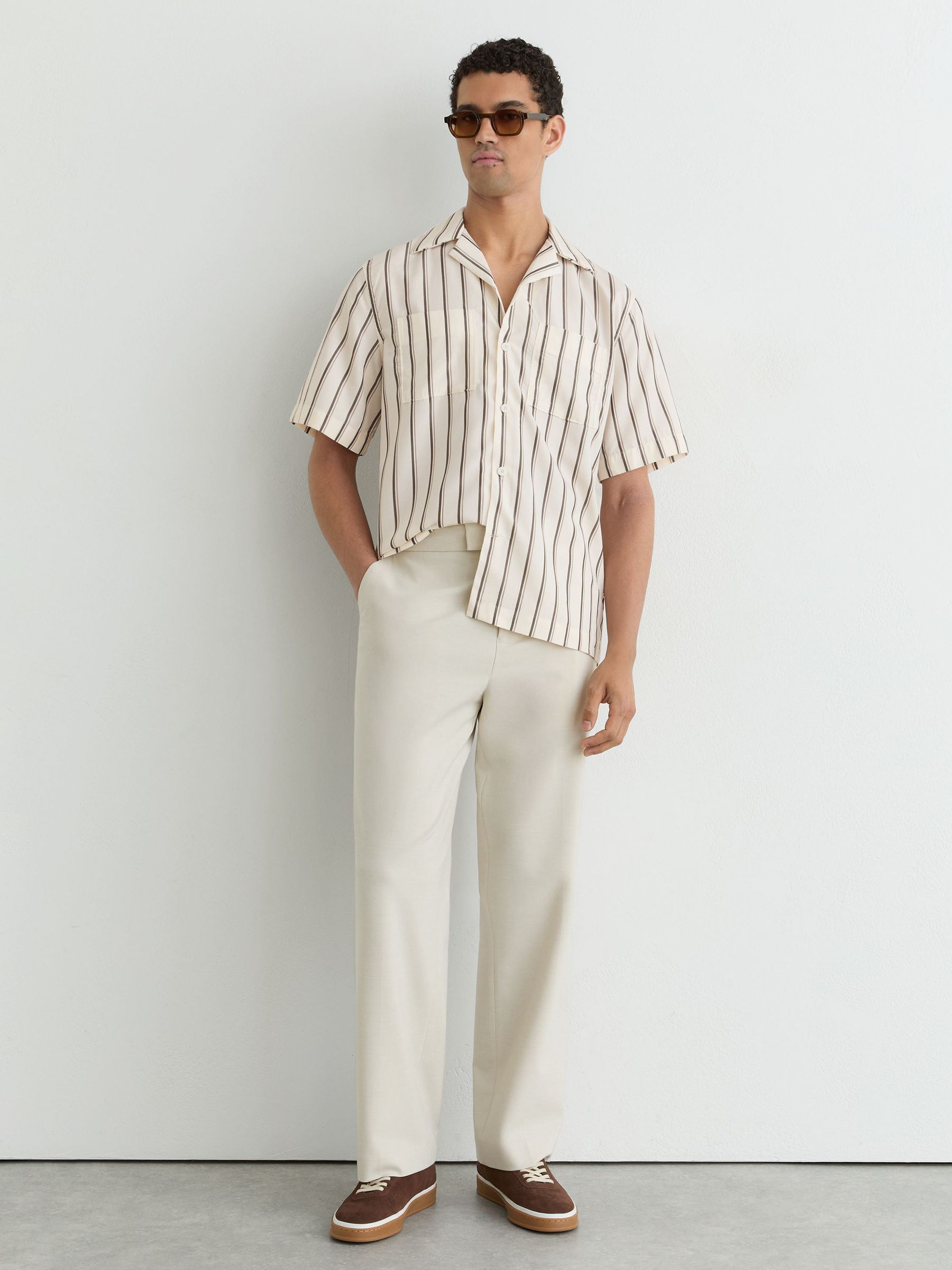 Lyocell Stripe Relaxed Cuban-Collar Shirt in Ivory White - Image 4 of 6