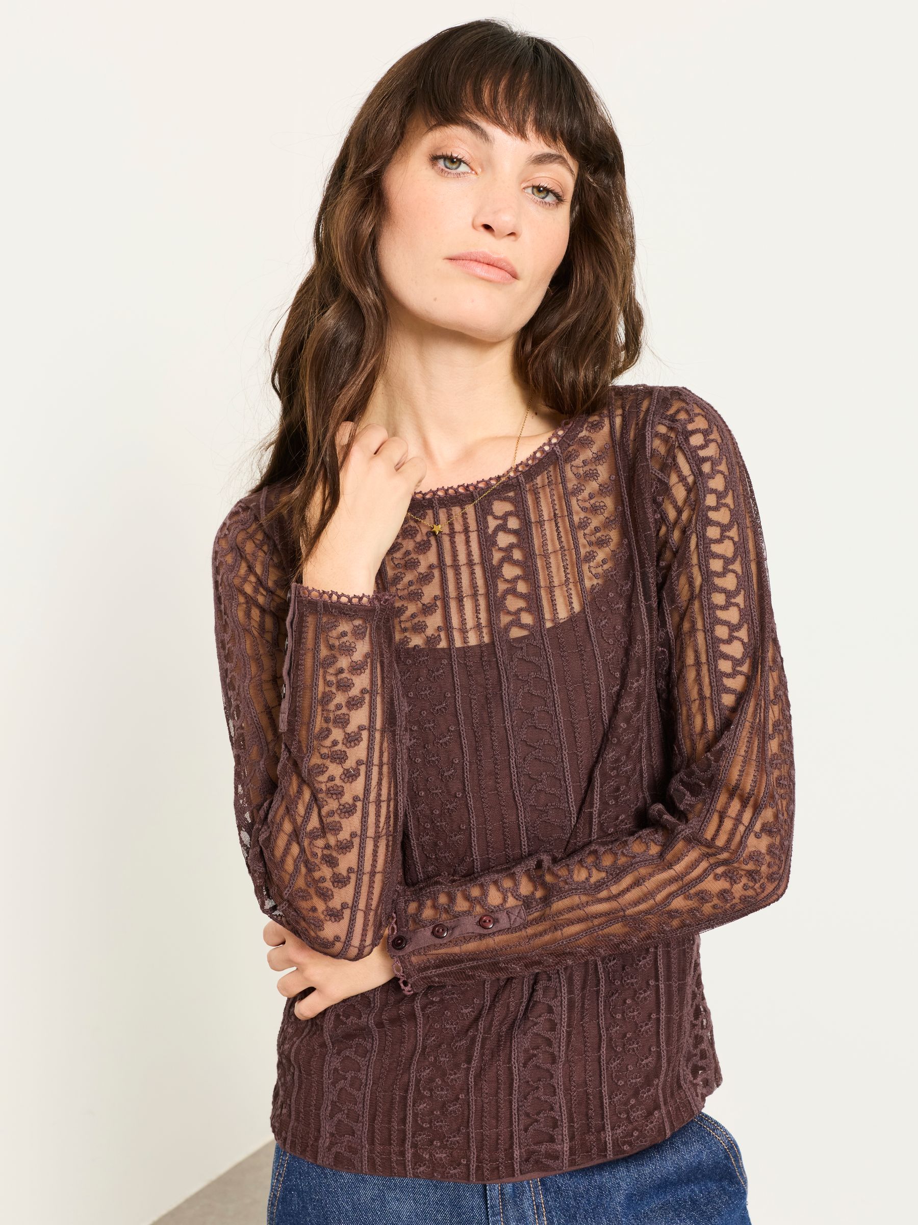 Lottie Chocolate Brown Lace 2 in 1 Top - Image 1 of 6