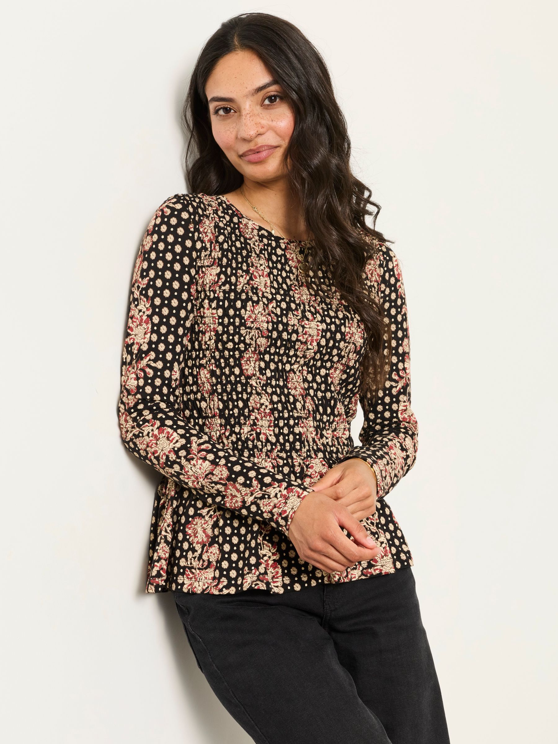Sara Black Linear Sketch Shirred Peplum Top - Image 1 of 6 Sara Black Linear Sketch Shirred Peplum Top - Image 1 of 6