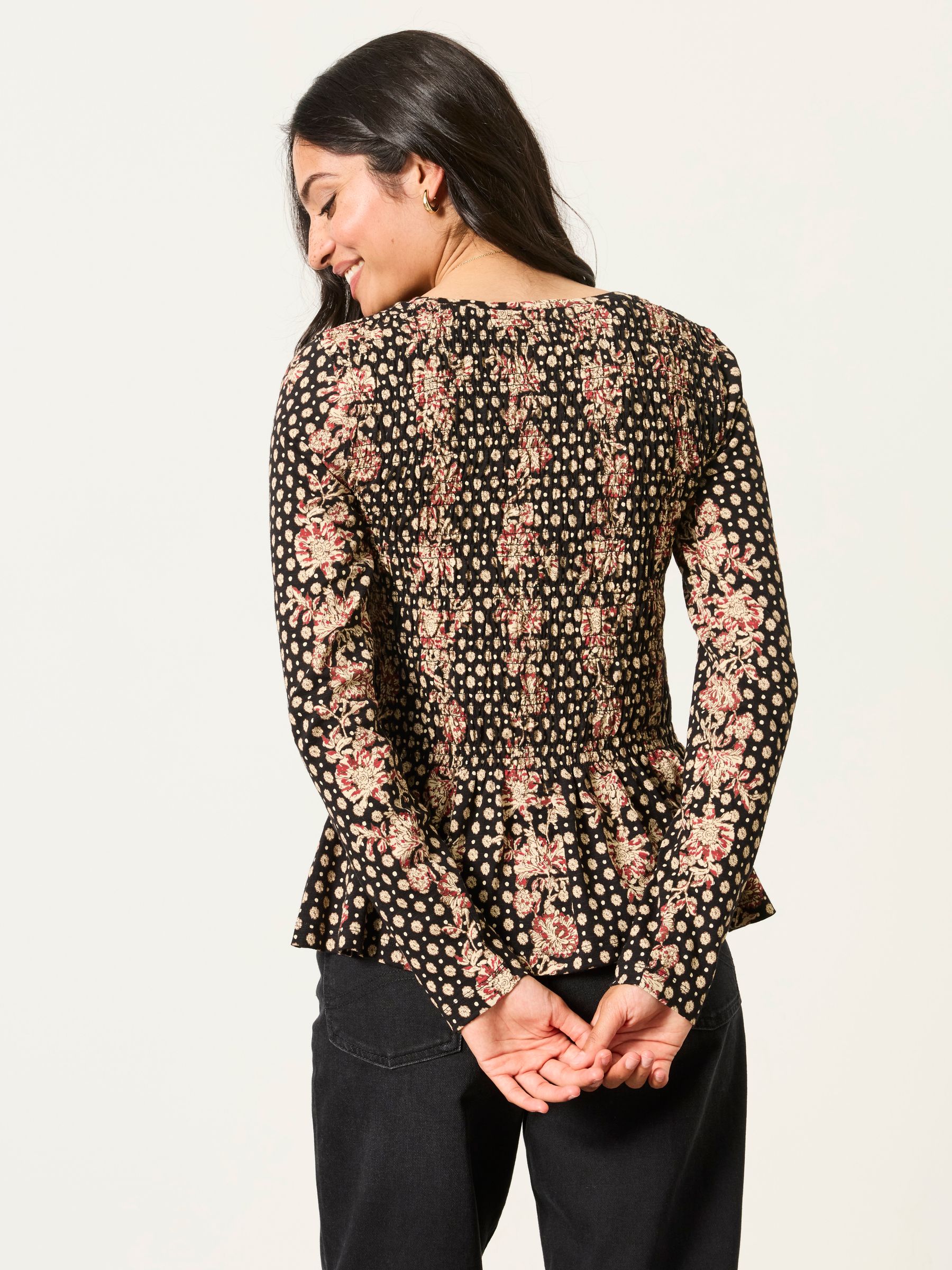 Sara Black Linear Sketch Shirred Peplum Top - Image 2 of 6