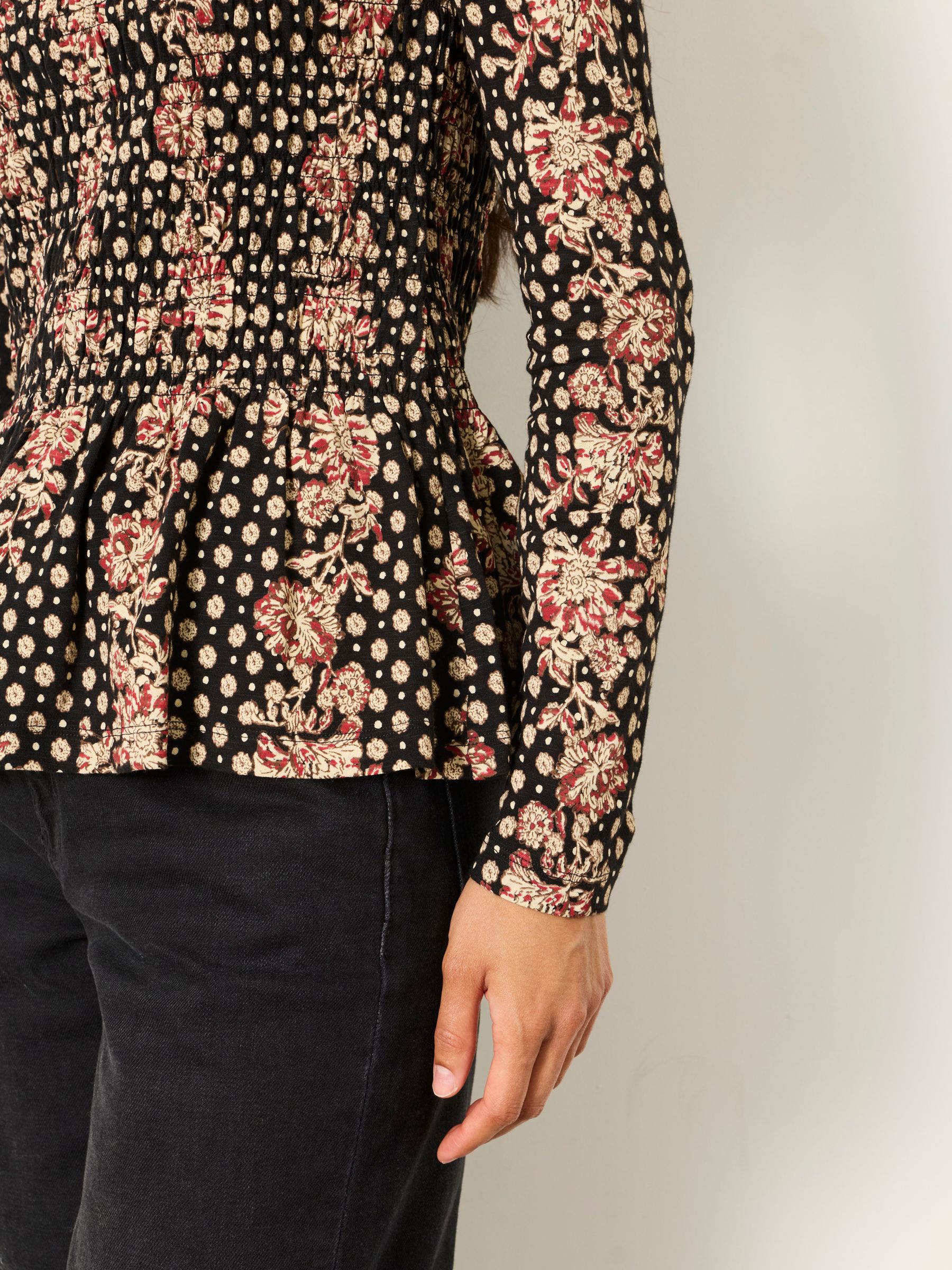 Sara Black Linear Sketch Shirred Peplum Top - Image 3 of 6