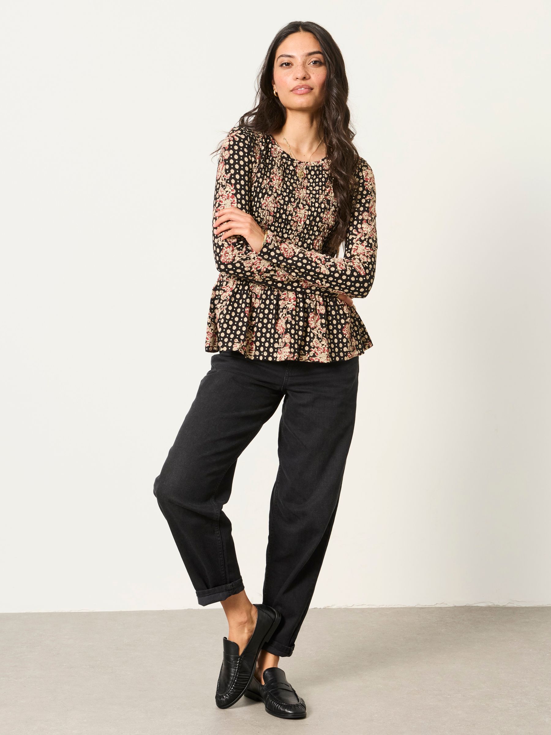Sara Black Linear Sketch Shirred Peplum Top - Image 4 of 6