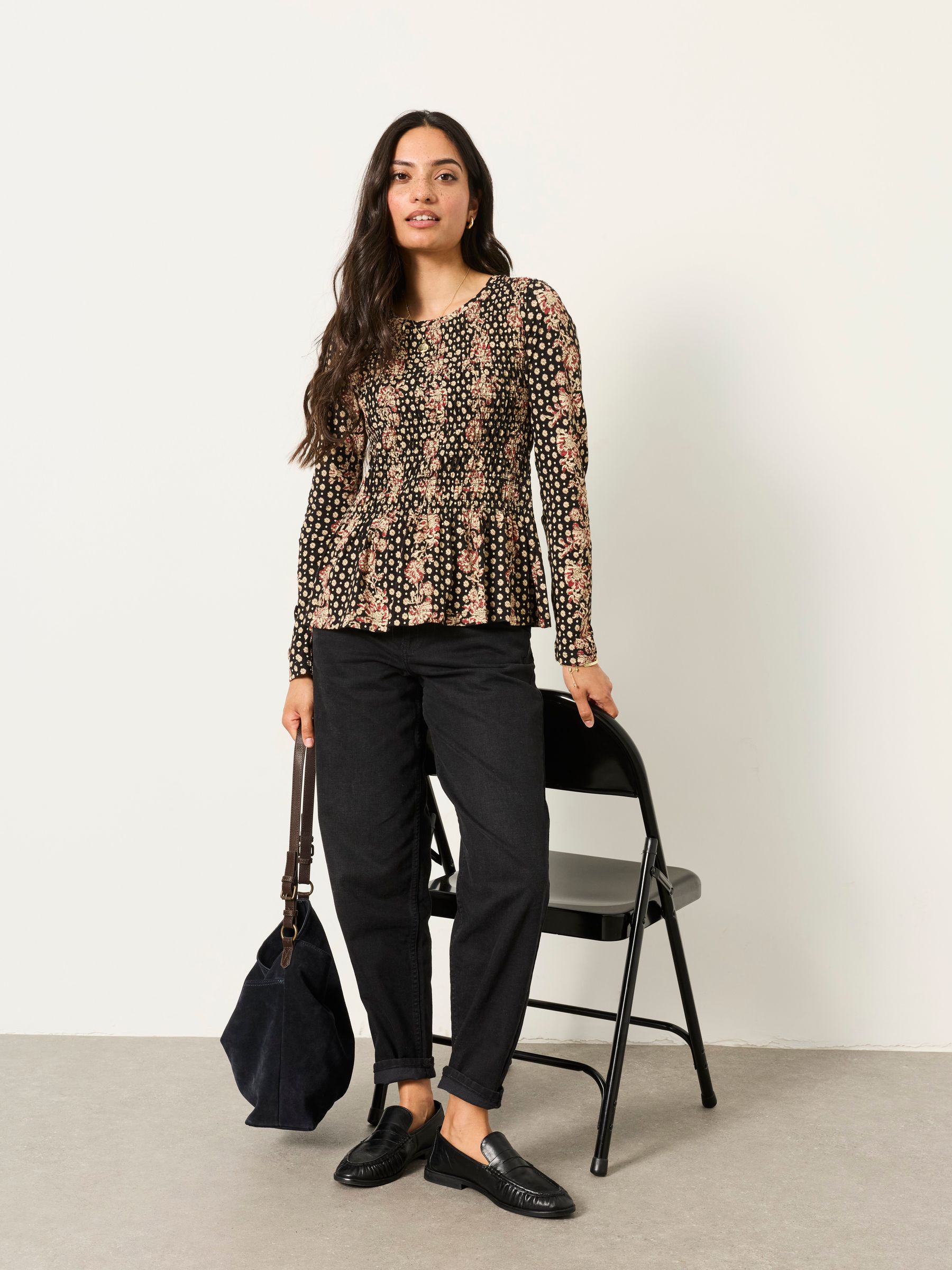 Sara Black Linear Sketch Shirred Peplum Top - Image 5 of 6