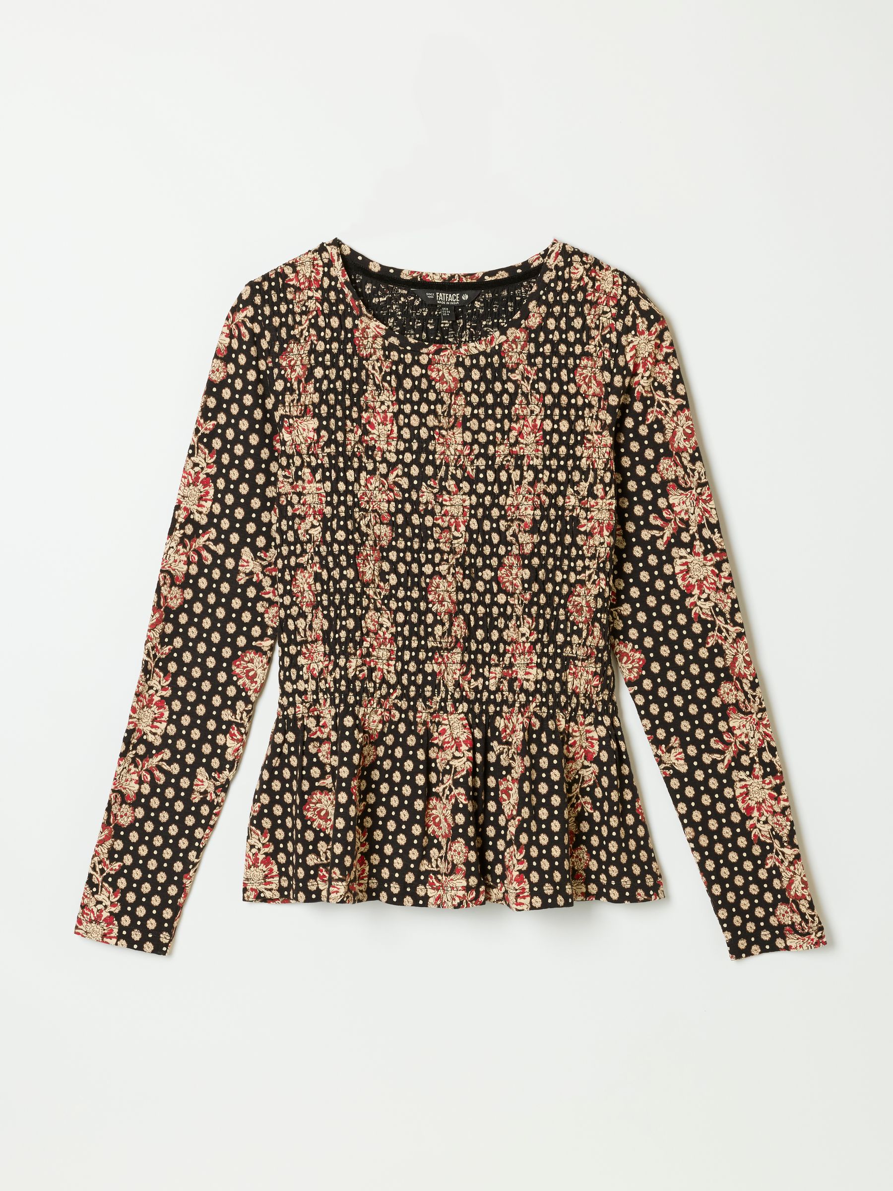 Sara Black Linear Sketch Shirred Peplum Top - Image 6 of 6