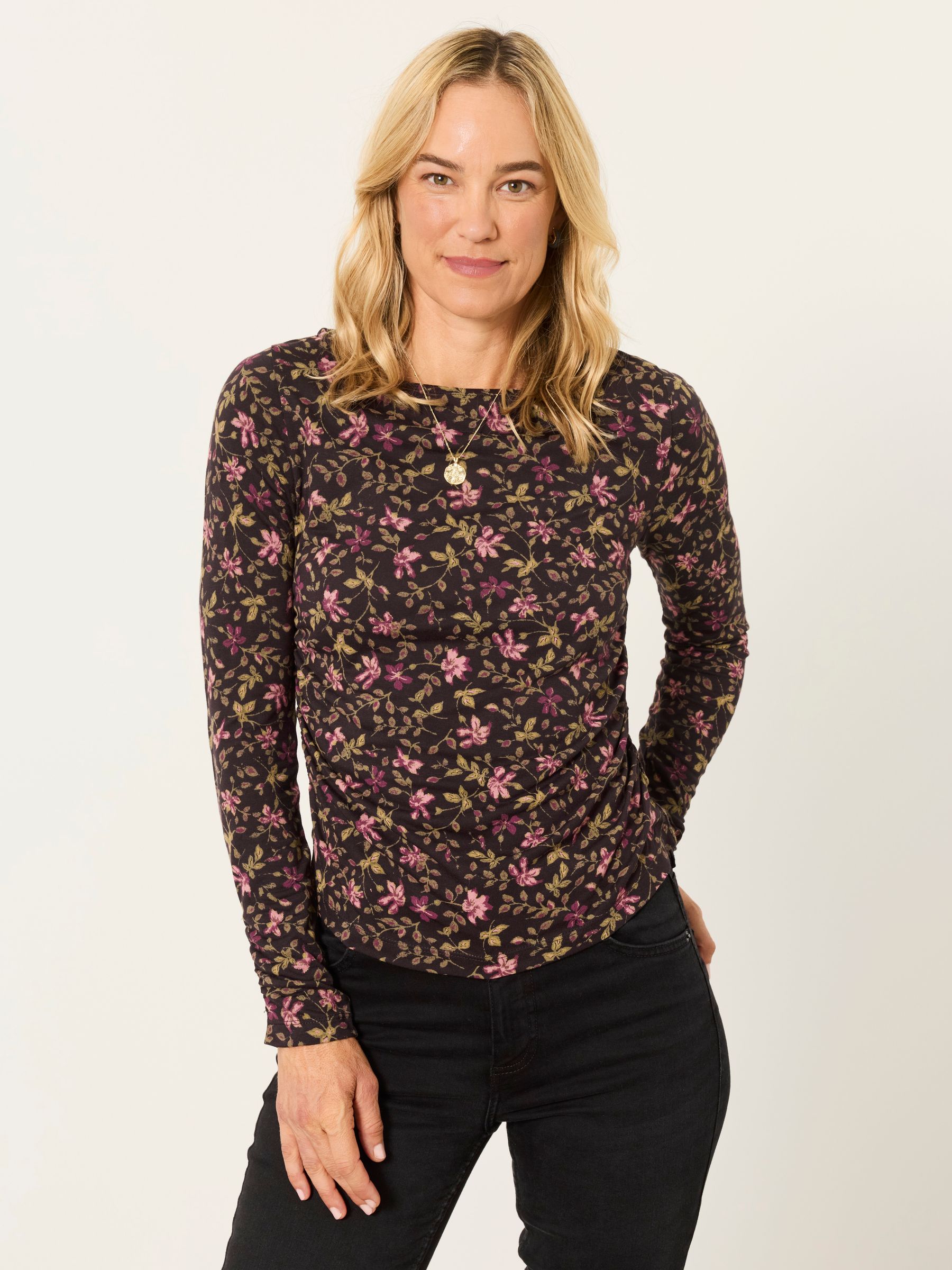 Ruby Brown Winter Floral Ruched Long Sleeve Top - Image 1 of 6 Ruby Brown Winter Floral Ruched Long Sleeve Top - Image 1 of 6