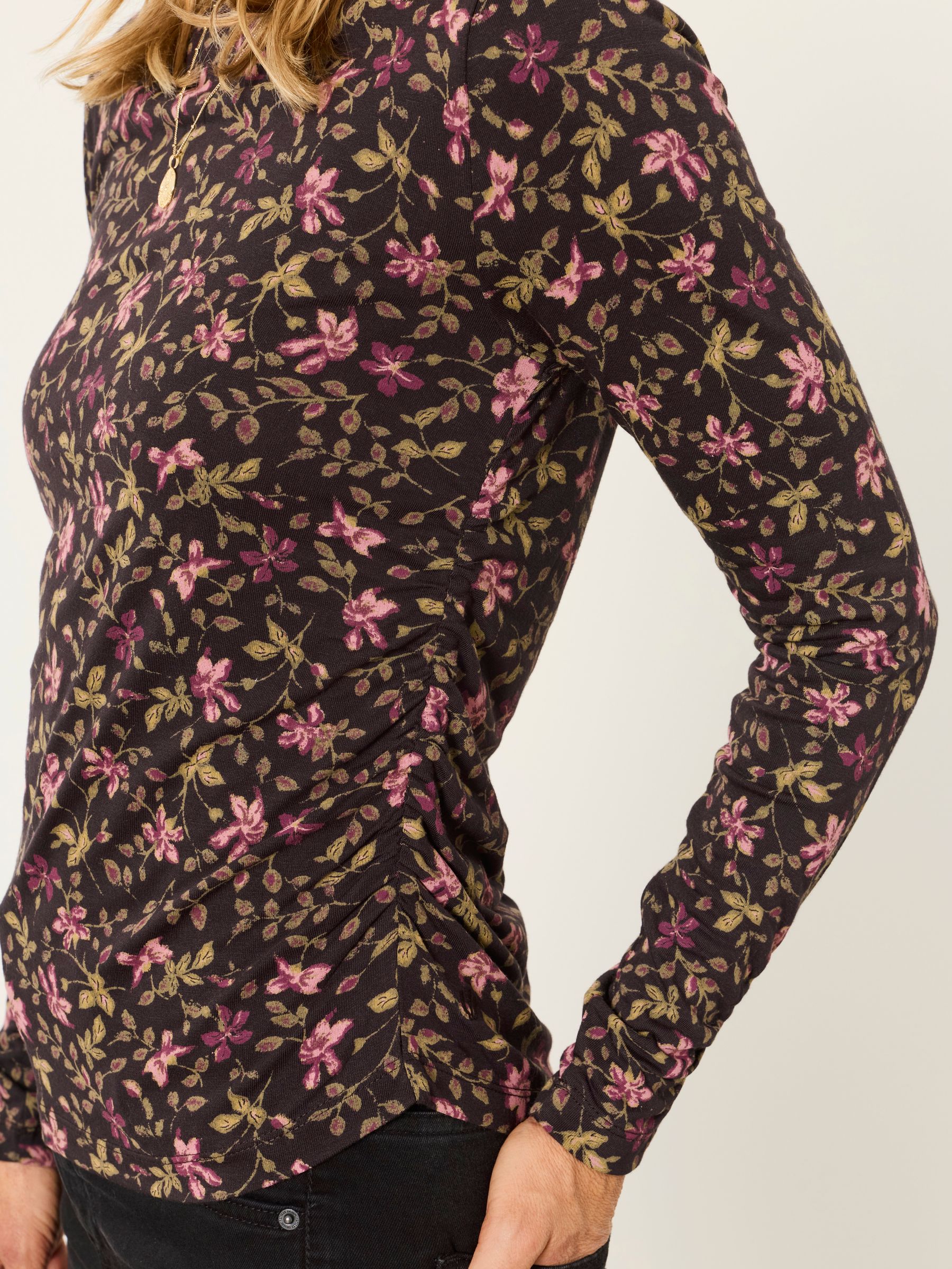 Ruby Brown Winter Floral Ruched Long Sleeve Top - Image 3 of 6